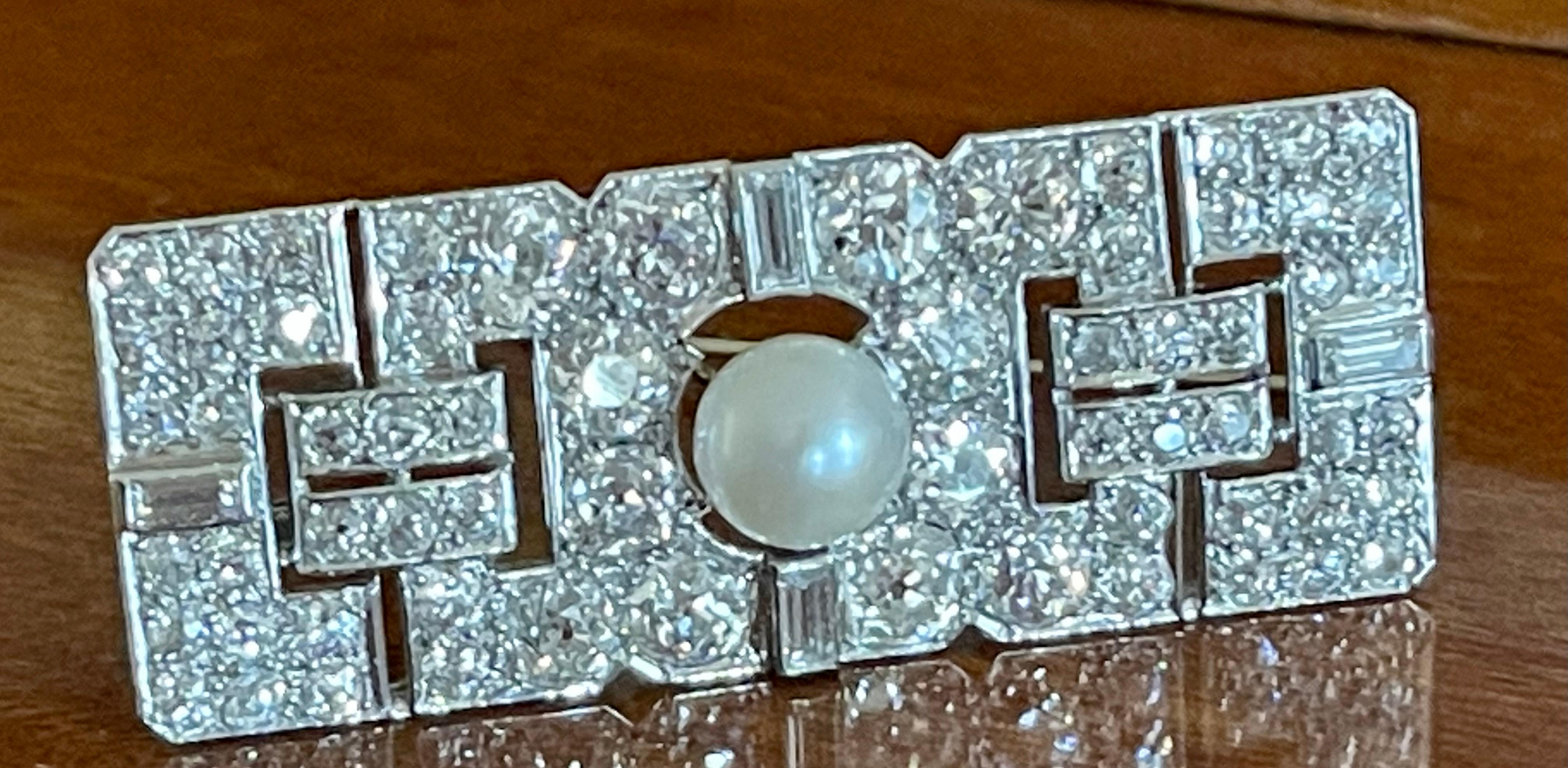 Art Deco Diamond Cultured Pearl Platinum Plaque Brooch For Sale 2