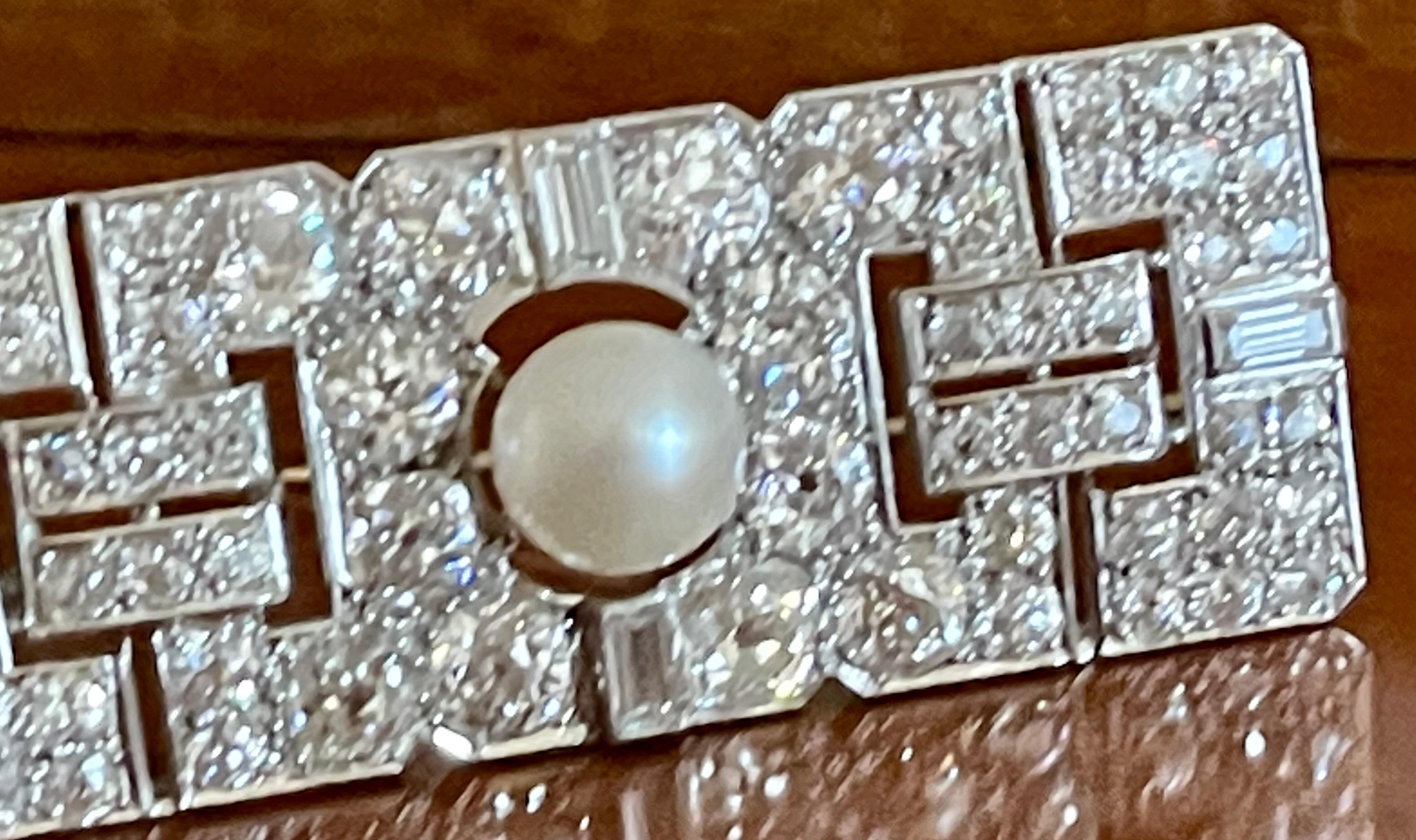 Art Deco Diamond Cultured Pearl Platinum Plaque Brooch For Sale 3