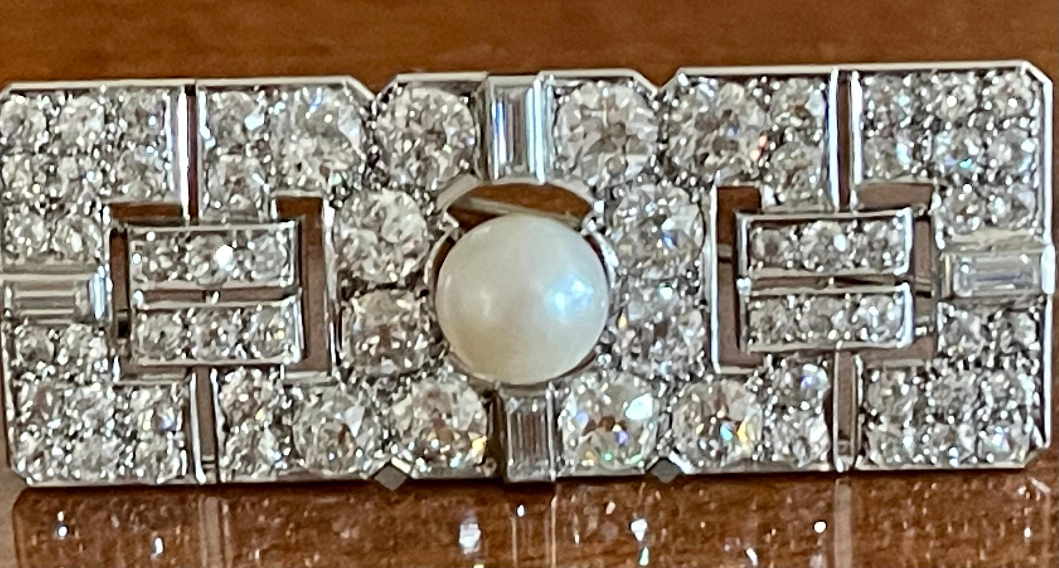 Art Deco Diamond Cultured Pearl Platinum Plaque Brooch For Sale 4