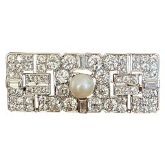 Broche Placa Platino Art Decó Diamante Perla Cultivada