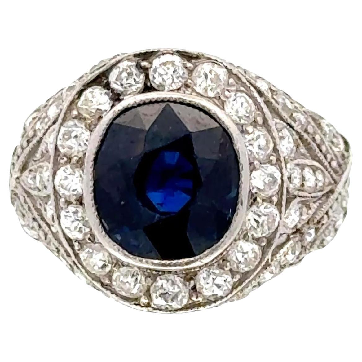 Art Deco Sin Calor Zafiro Azul Natural Diamante Platino Anillo de Cóctel Antiguo