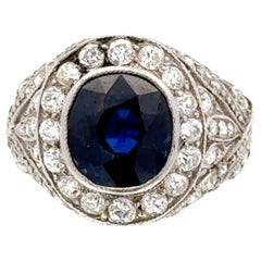 Art Deco No Heat Natural Blue Sapphire Diamond Platinum Cocktail Ring Antique
