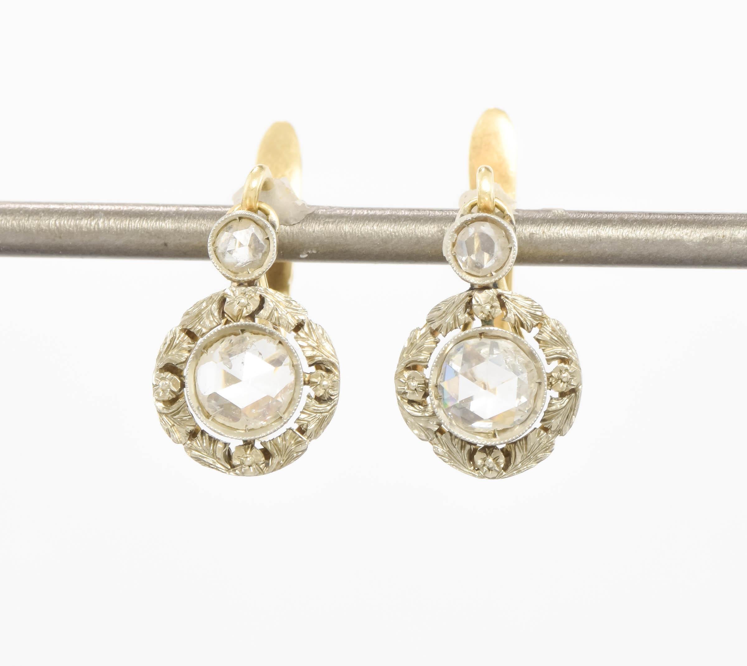 Art Deco Diamond Dangle Drop Earrings with Rose Cut Diamonds & Flower Blossoms 6