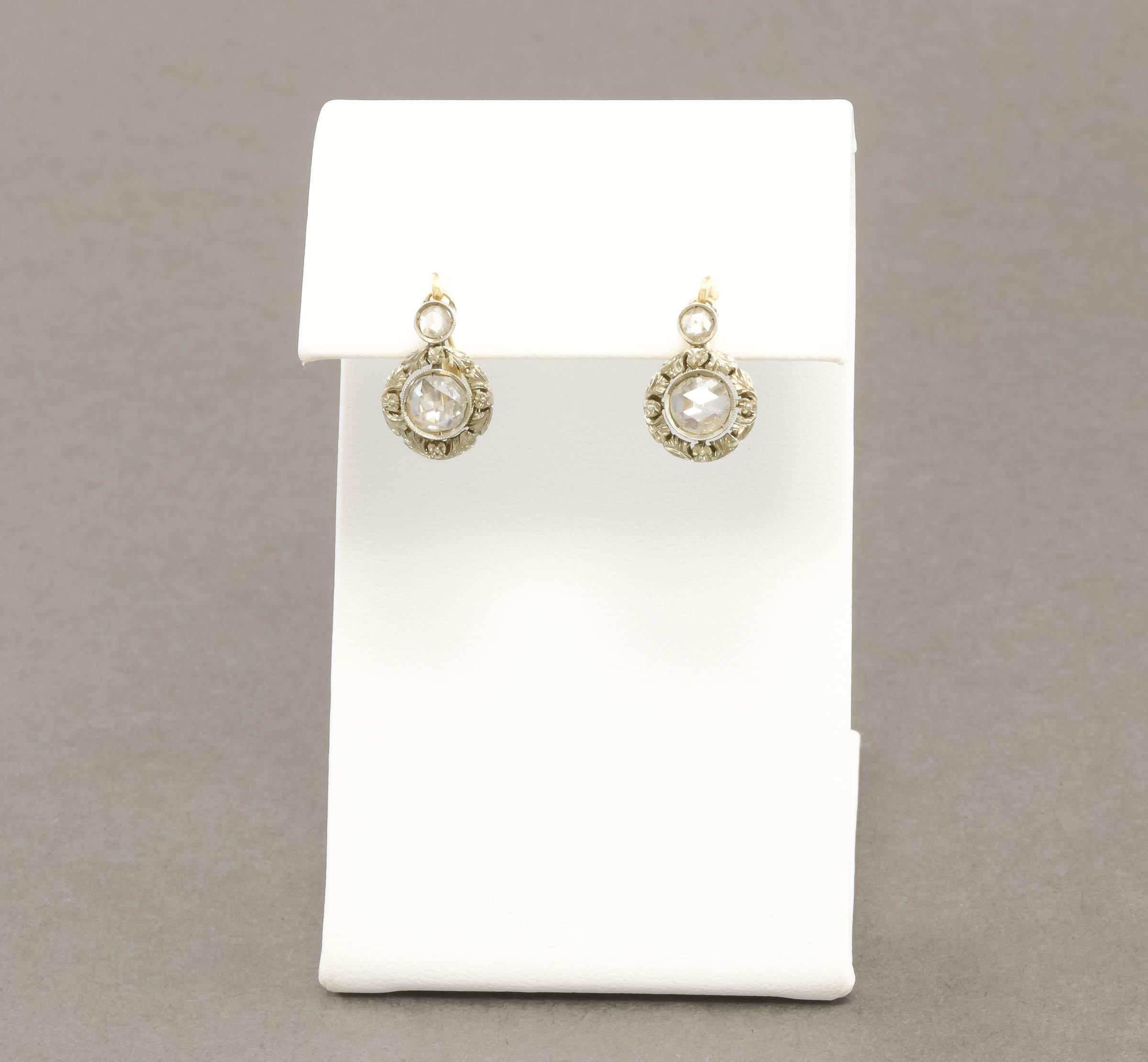 Art Deco Diamond Dangle Drop Earrings with Rose Cut Diamonds & Flower Blossoms 7