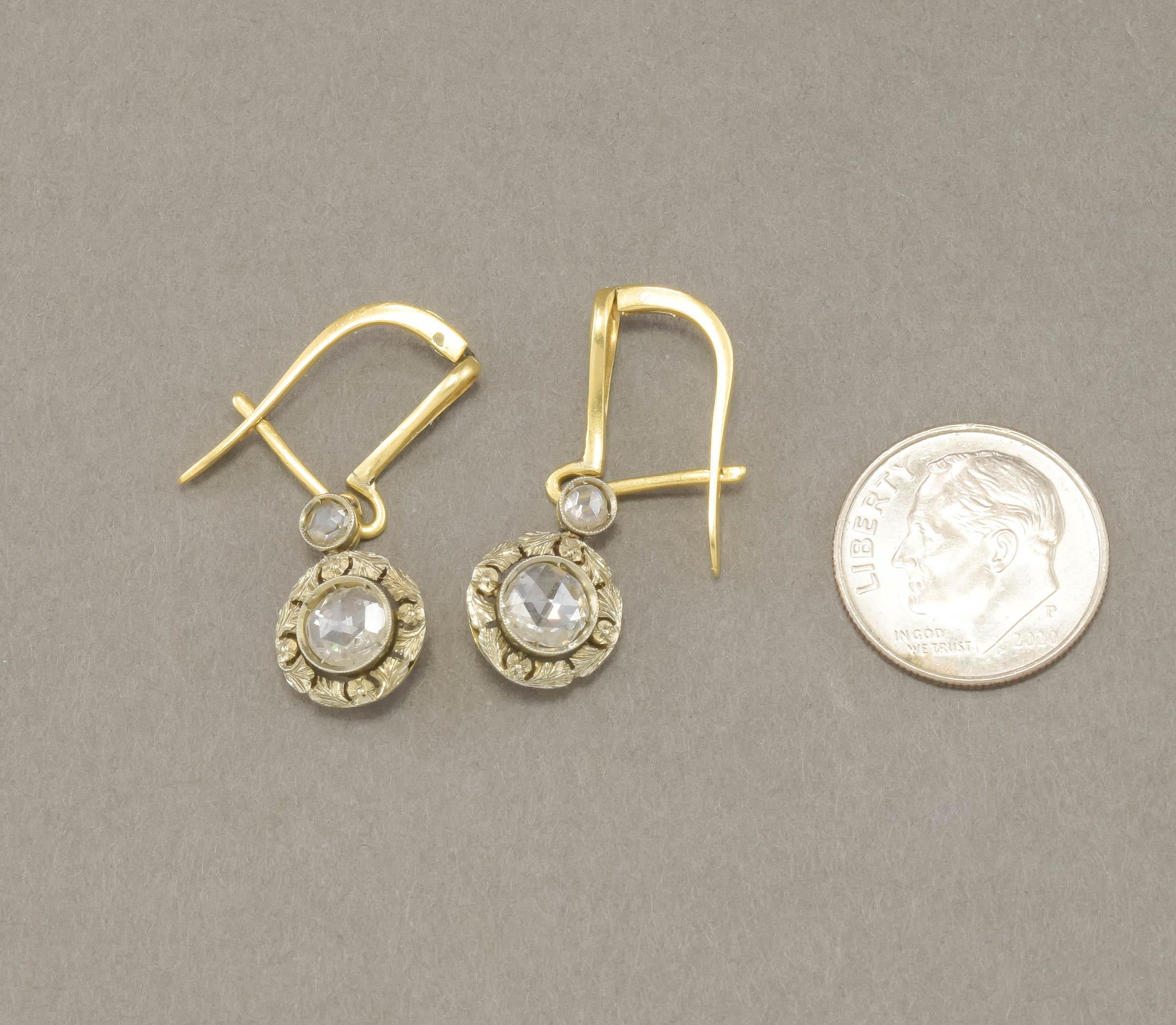 Art Deco Diamond Dangle Drop Earrings with Rose Cut Diamonds & Flower Blossoms 9