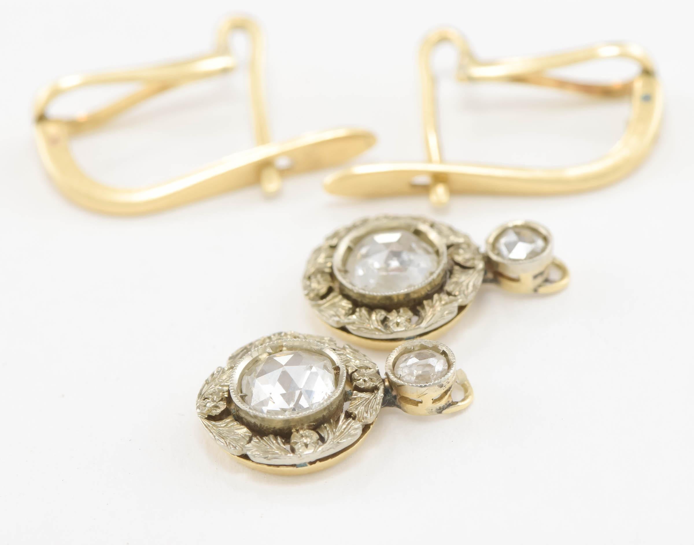 Women's Art Deco Diamond Dangle Drop Earrings with Rose Cut Diamonds & Flower Blossoms