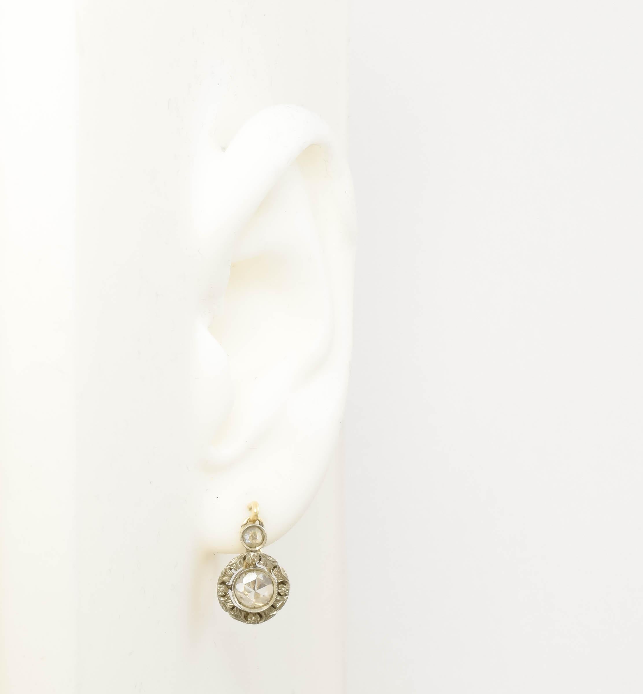 Art Deco Diamond Dangle Drop Earrings with Rose Cut Diamonds & Flower Blossoms 1