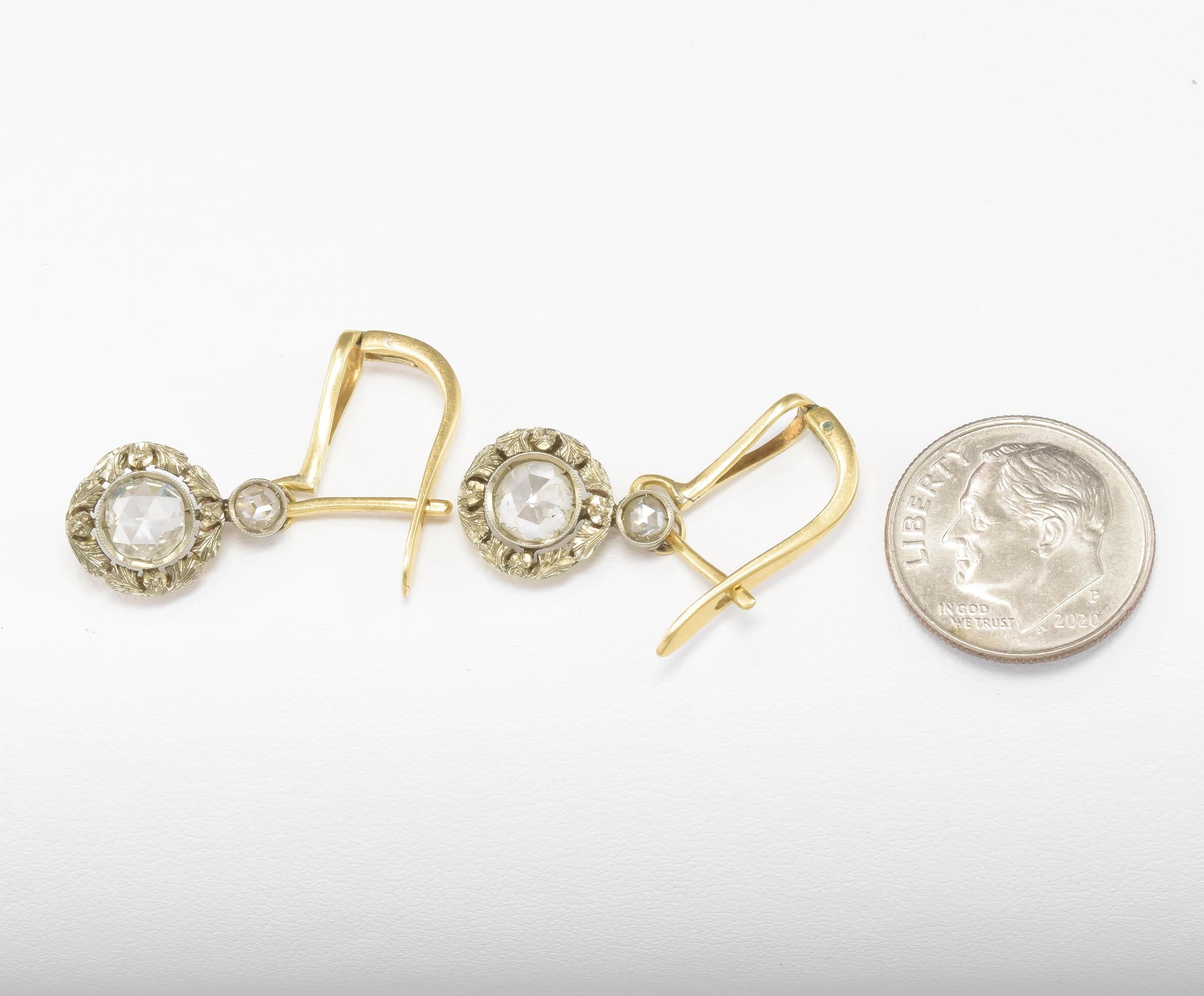 Art Deco Diamond Dangle Drop Earrings with Rose Cut Diamonds & Flower Blossoms 2