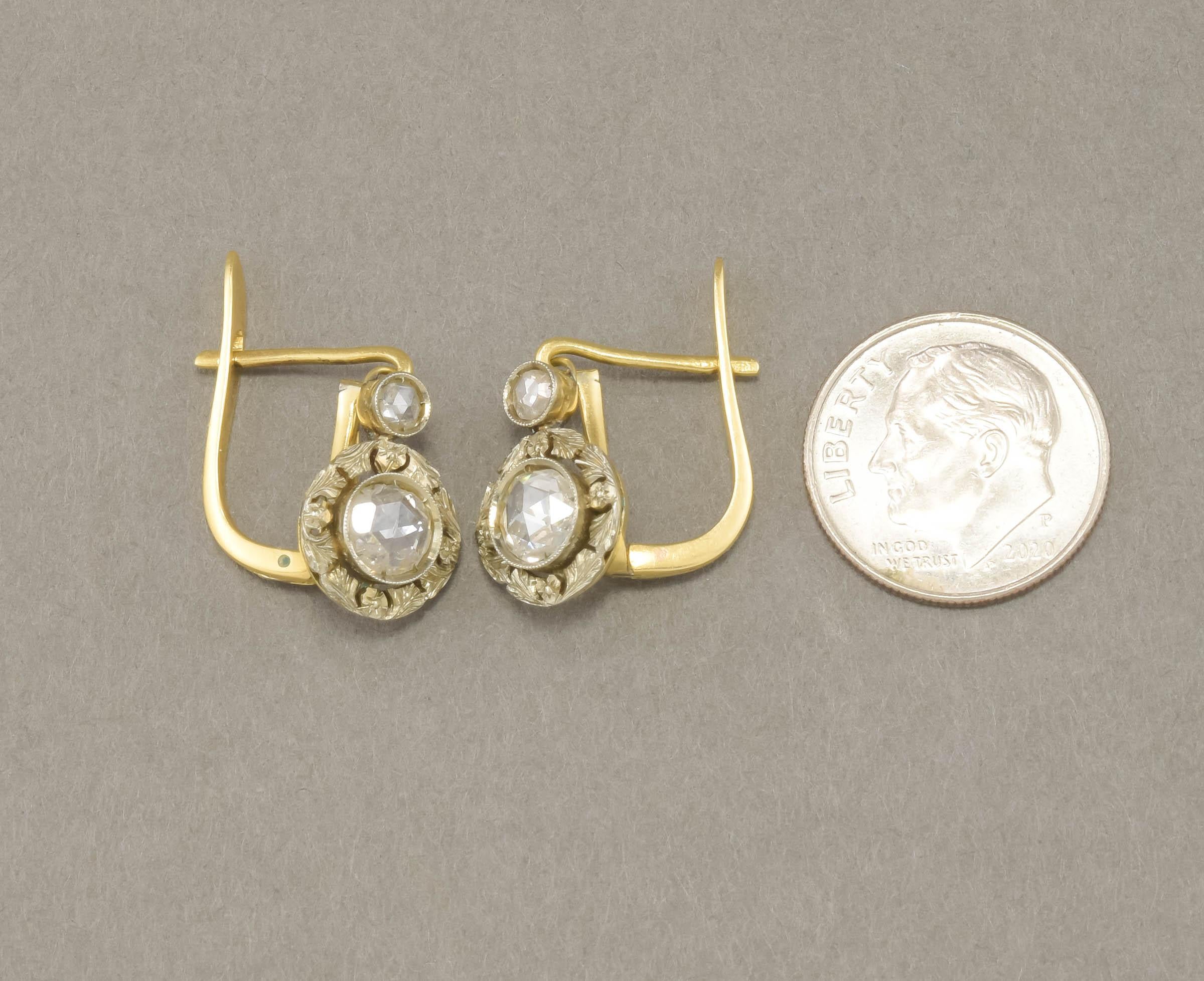 Art Deco Diamond Dangle Drop Earrings with Rose Cut Diamonds & Flower Blossoms 3