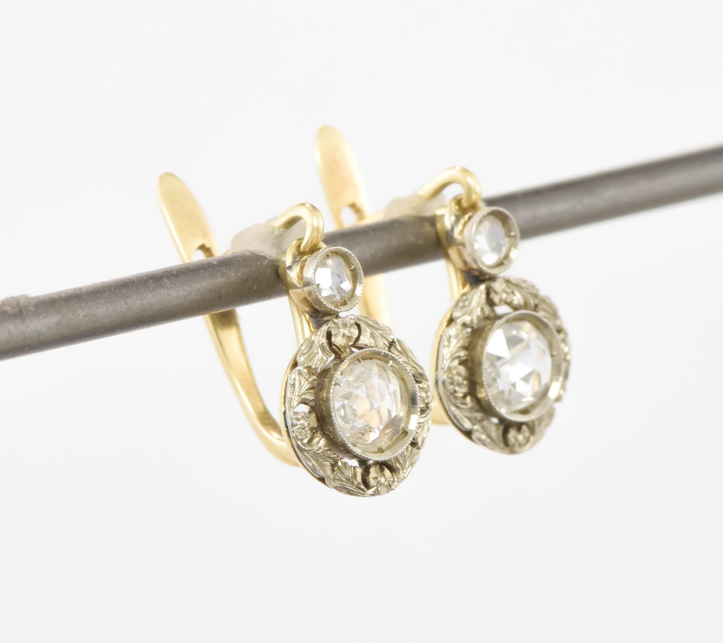 Art Deco Diamond Dangle Drop Earrings with Rose Cut Diamonds & Flower Blossoms 4