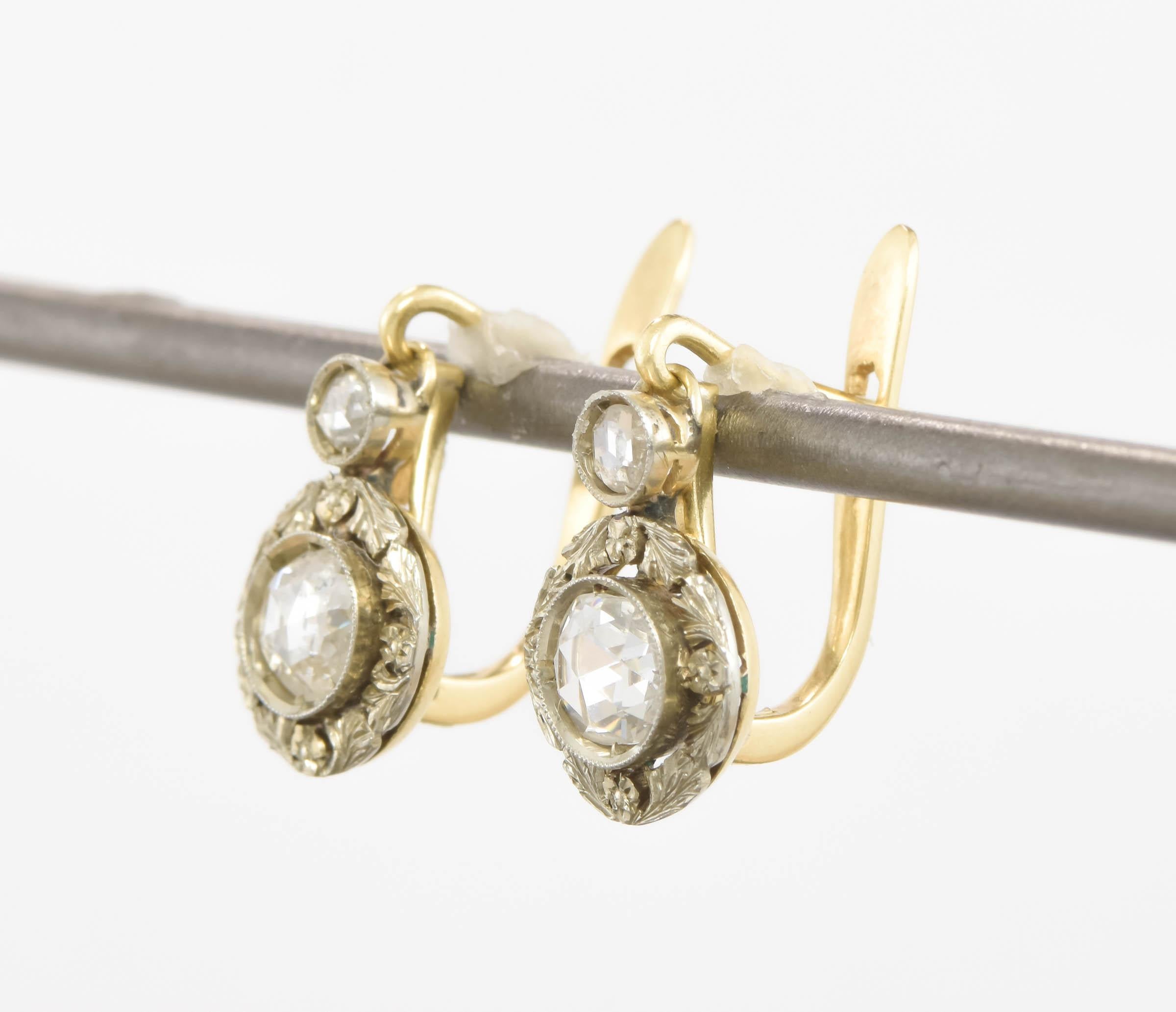 Art Deco Diamond Dangle Drop Earrings with Rose Cut Diamonds & Flower Blossoms 5
