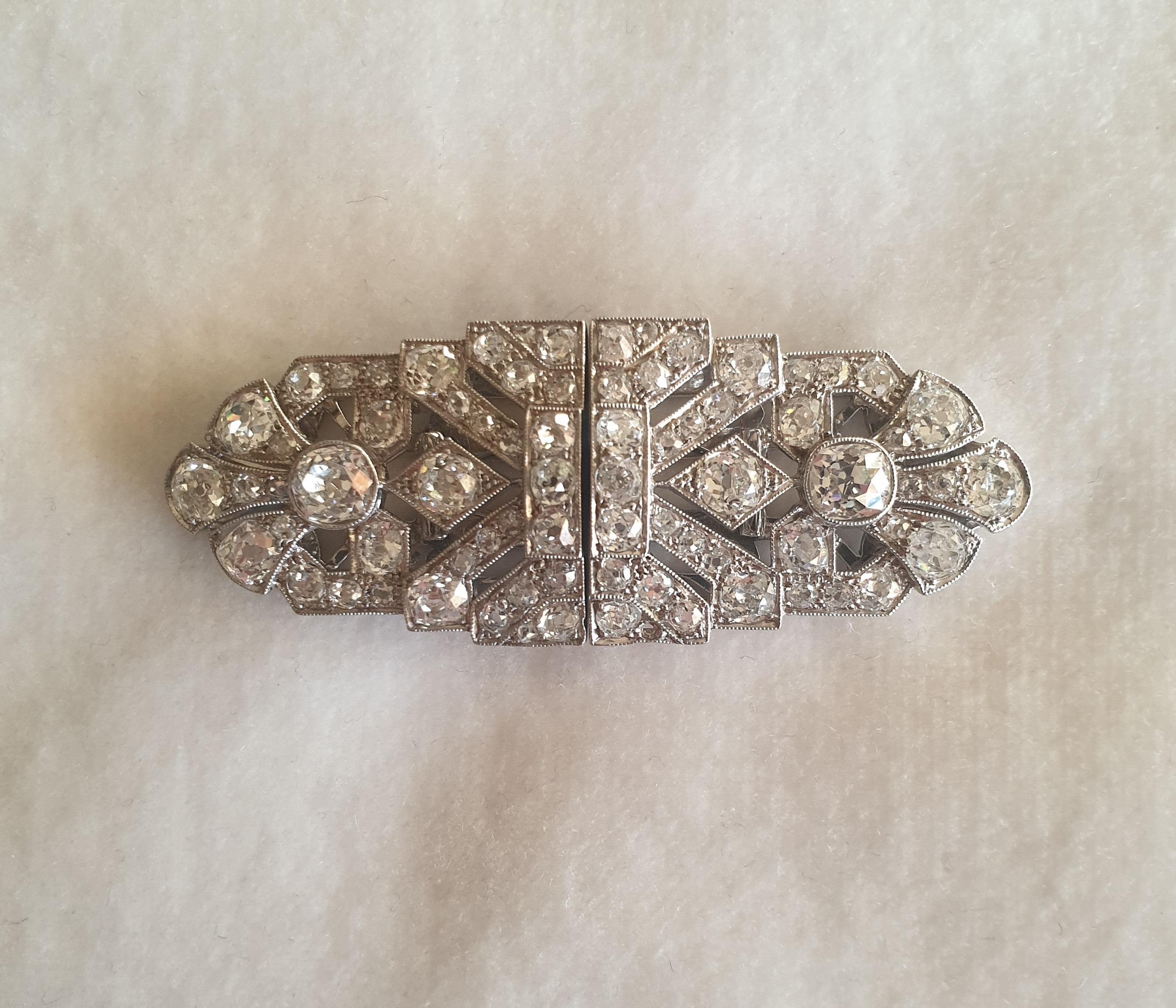 Old European Cut Art Deco 18k Gold Brilliant Cut Diamond Double Clip Brooches, 1925 For Sale