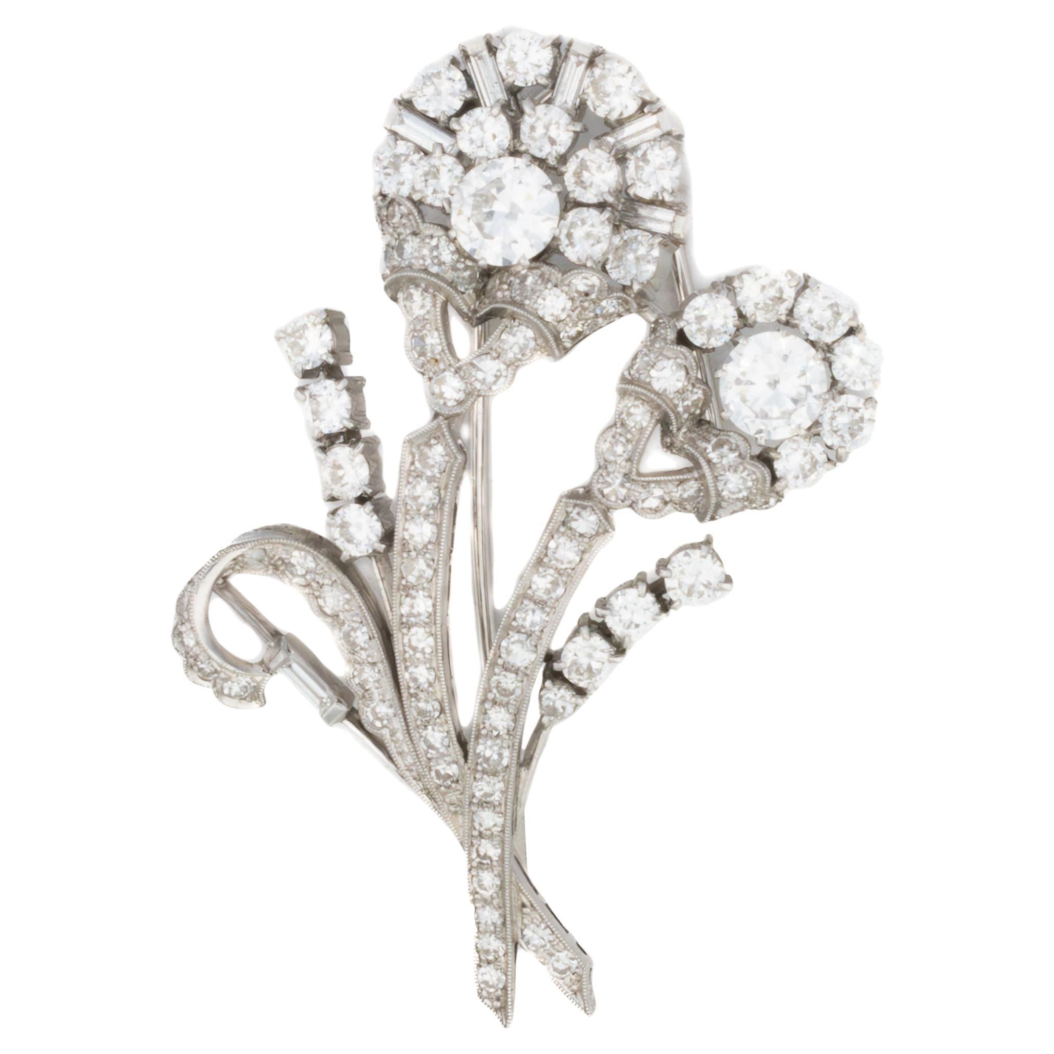 Art Deco Diamond Double Flower Brooch in Platinum