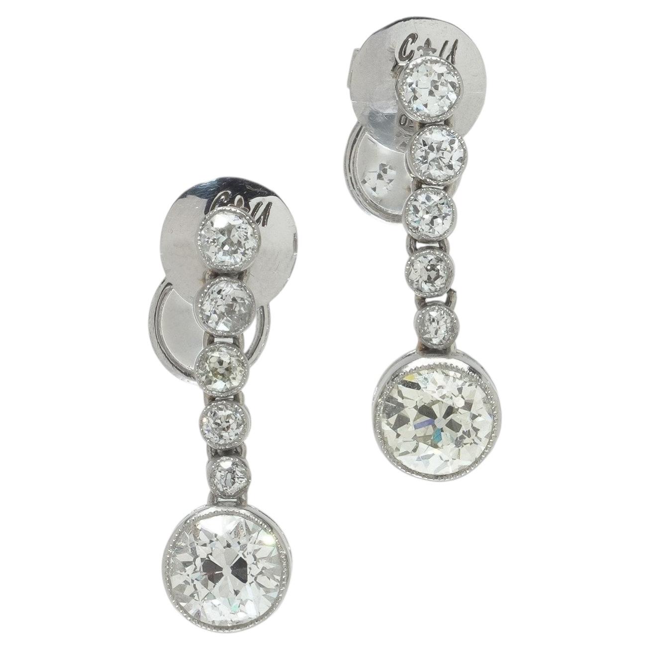 Art Deco Diamond Drop Earrings, 2.57ct Old European Cut
