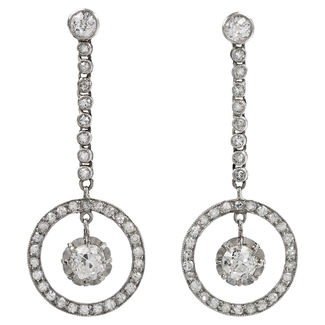 Art Deco diamond drop earrings, circa 1920. For Sale