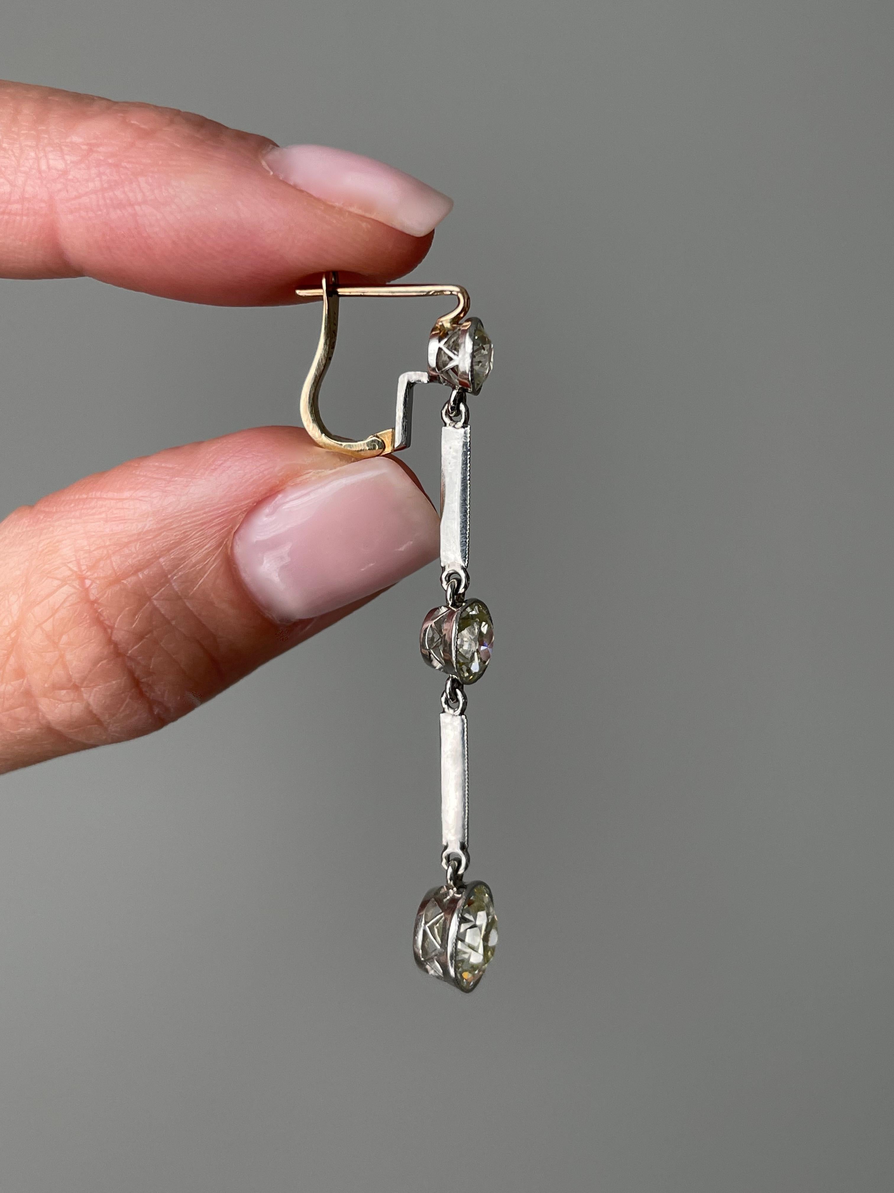 These fabulous 1930s drop earrings swing and sway with an articulated line of 6.34 carats of sparkling European-cut diamonds, spaced by slender knife wires. Artfully fabricated in platinum and 18k gold, these beauties measure a dramatic 2 1/16