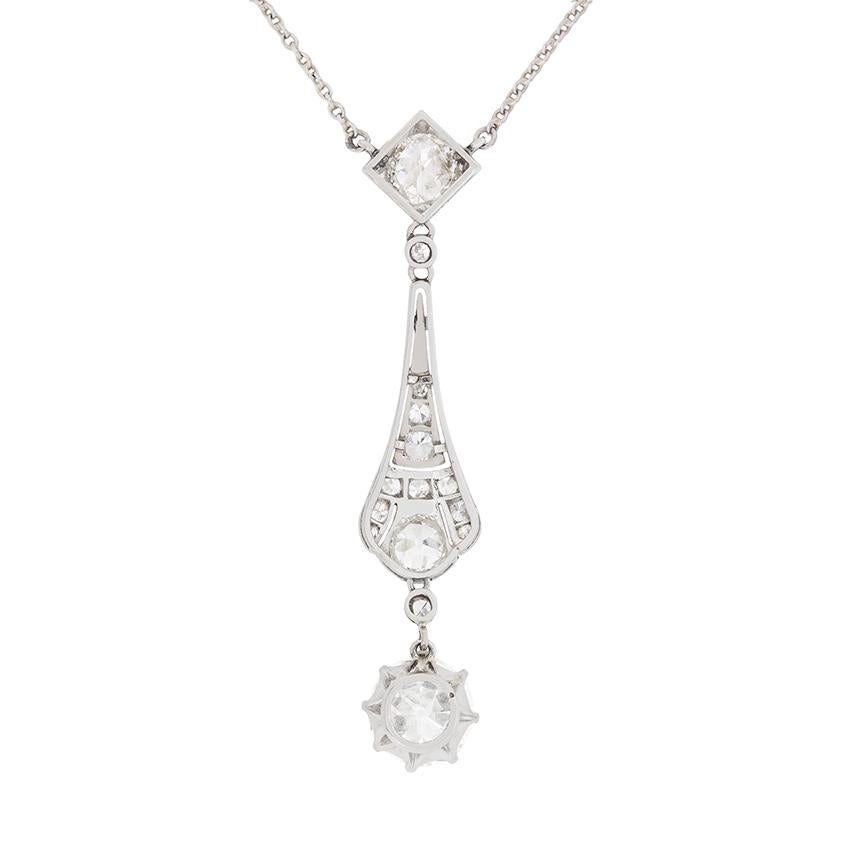 Made all in platinum and dating to the 1920s, this is a stunning diamond necklace. At the bottom of the drop is a 1.78 carat diamond within a claw collet. It is a beautiful old cut diamond and has been estimated as a J in colour and VS1 in clarity.