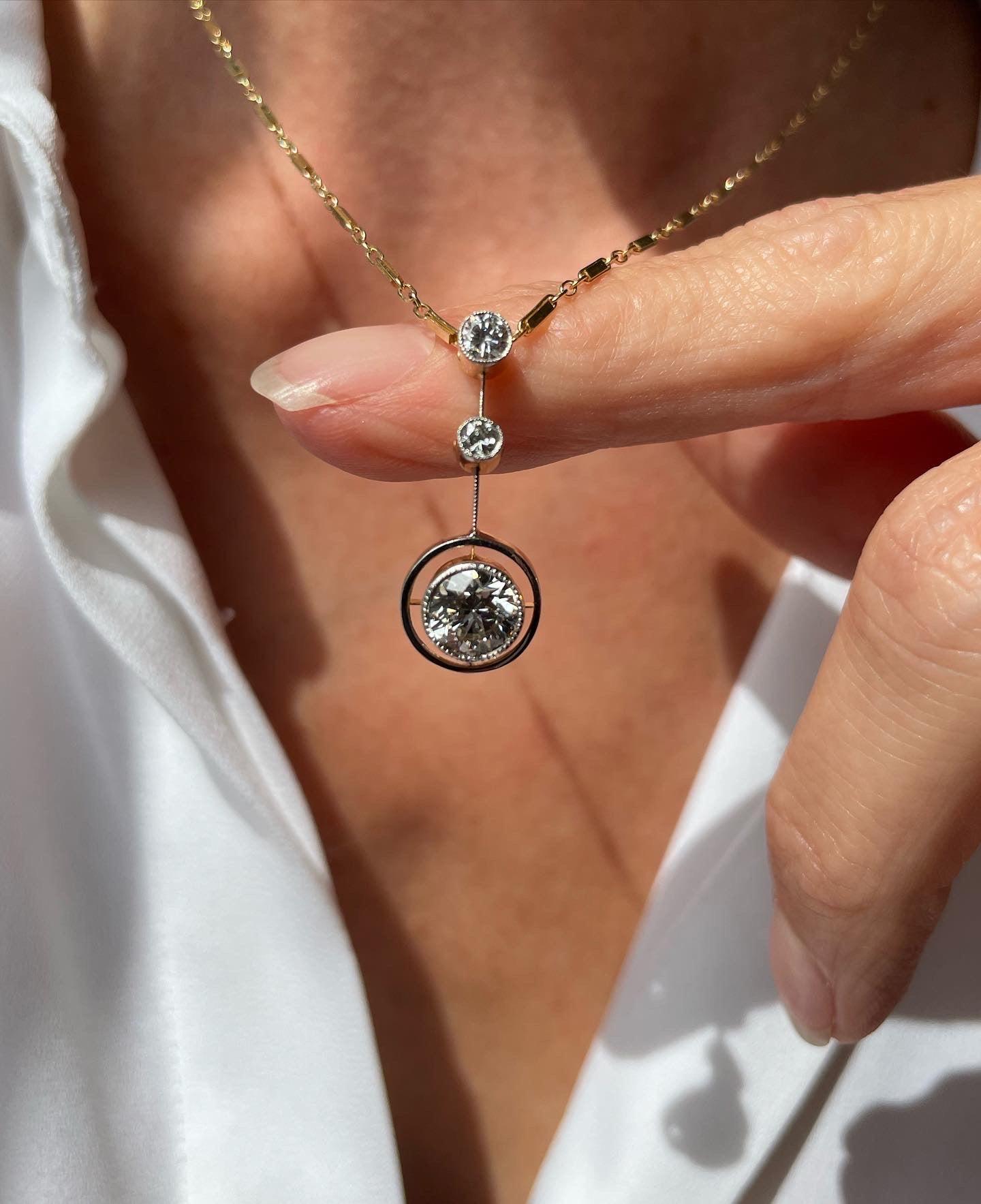 Brilliant Cut Art Deco Diamond Drop Pendant Necklace For Sale