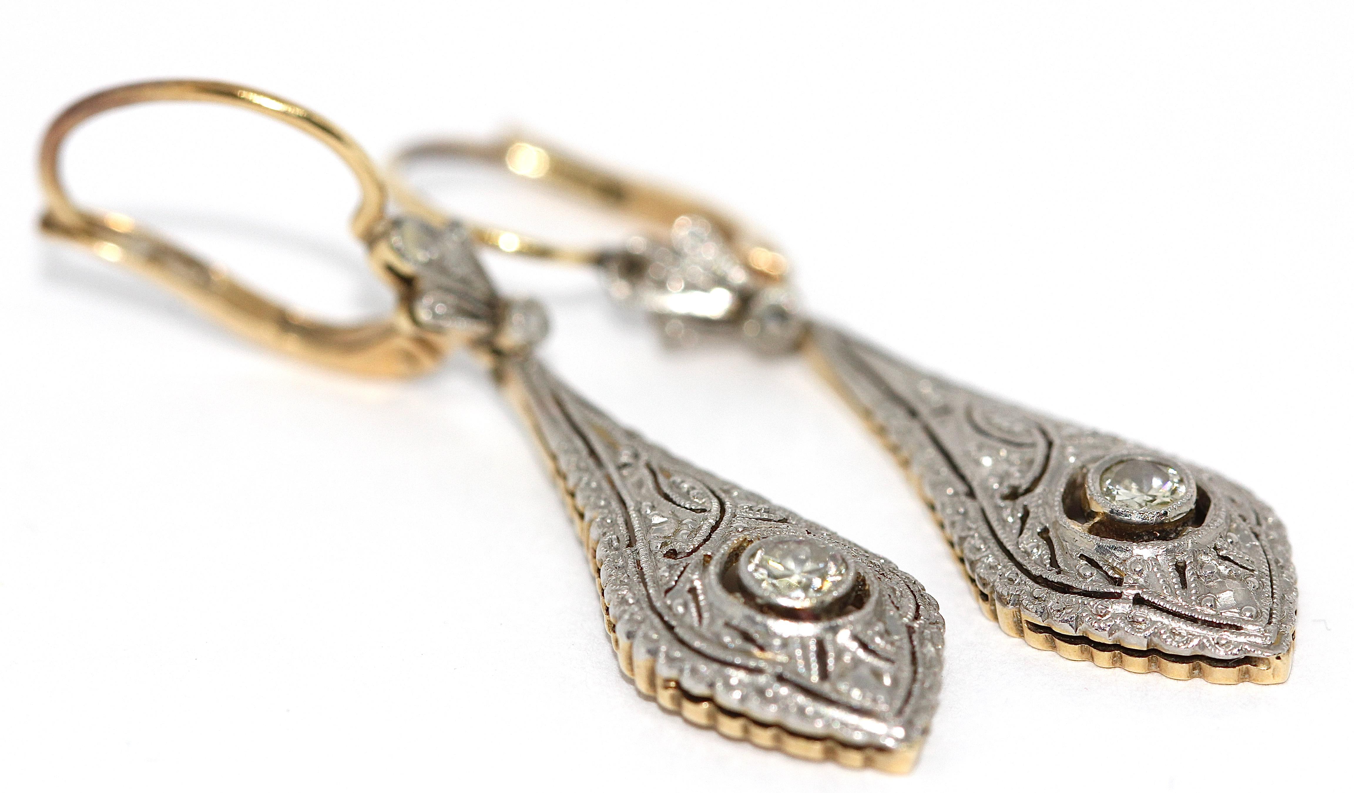 Round Cut Art Deco Diamond Earrings, Gold