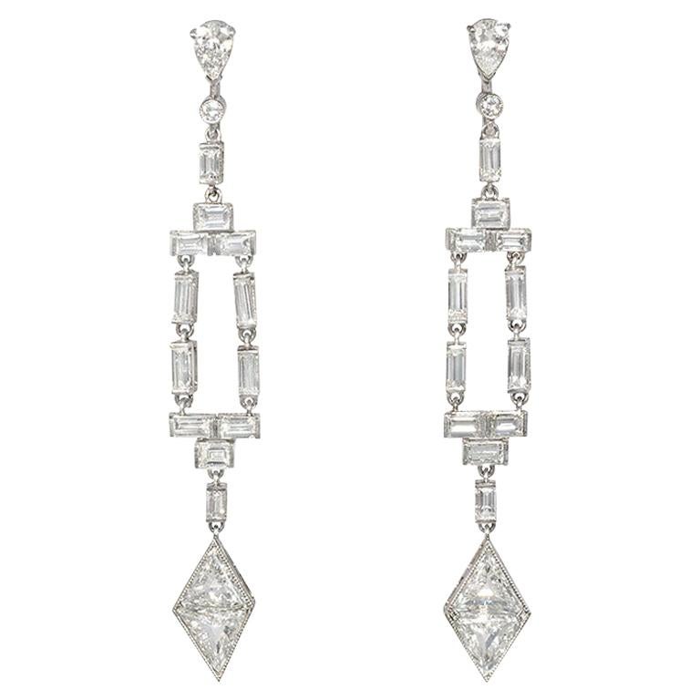 Art Deco Diamond Earrings with Baguette Frames and Kite-Shaped Pendants