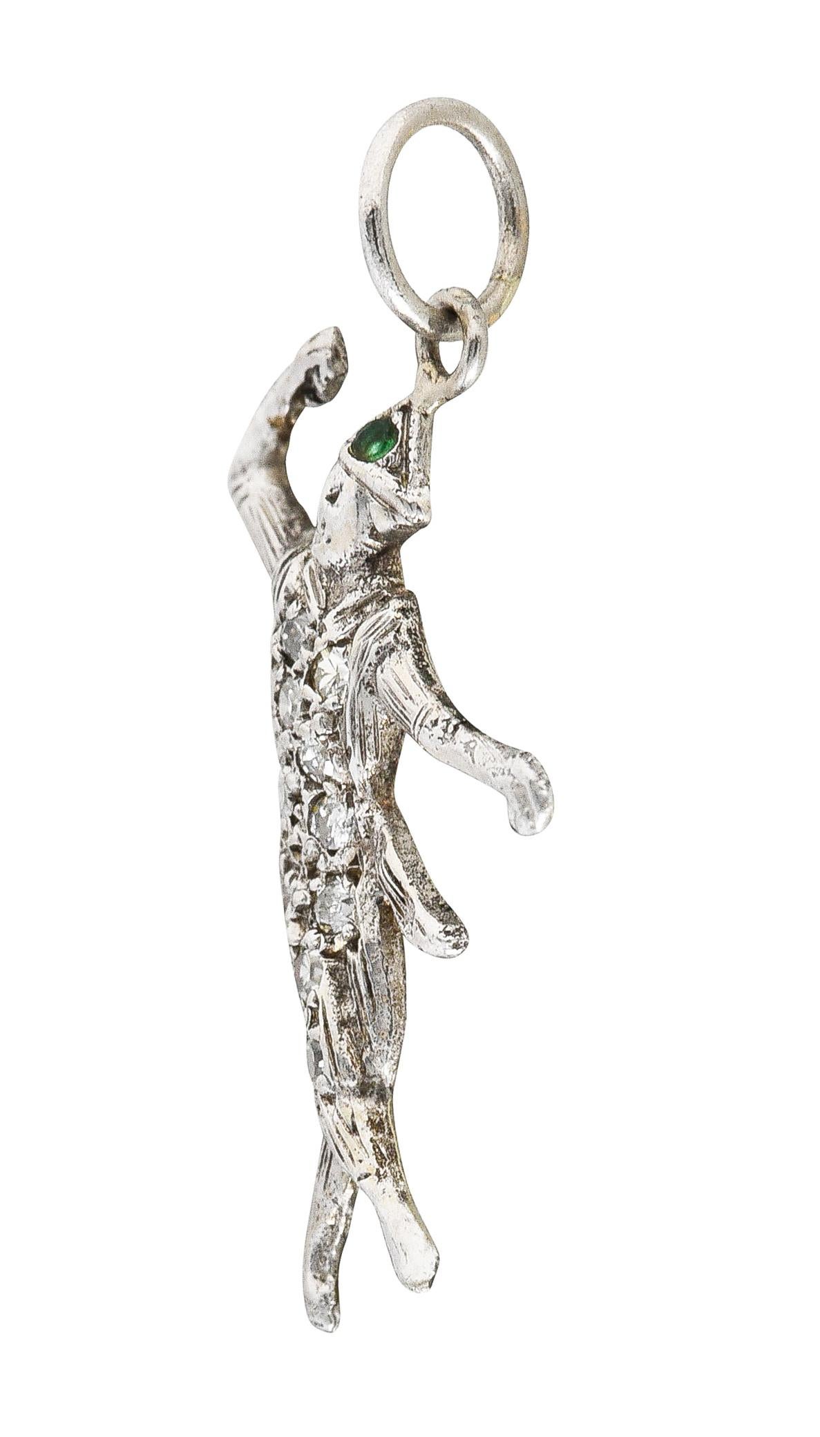 Single Cut Art Deco Diamond Emerald 14 Karat White Gold Dancer Charm For Sale