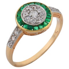 Art Deco diamond emerald 14k yellow gold platinum ring