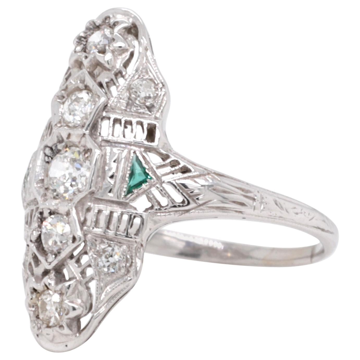Art Deco Diamond Emerald 18 Karat White Gold Navette Ring