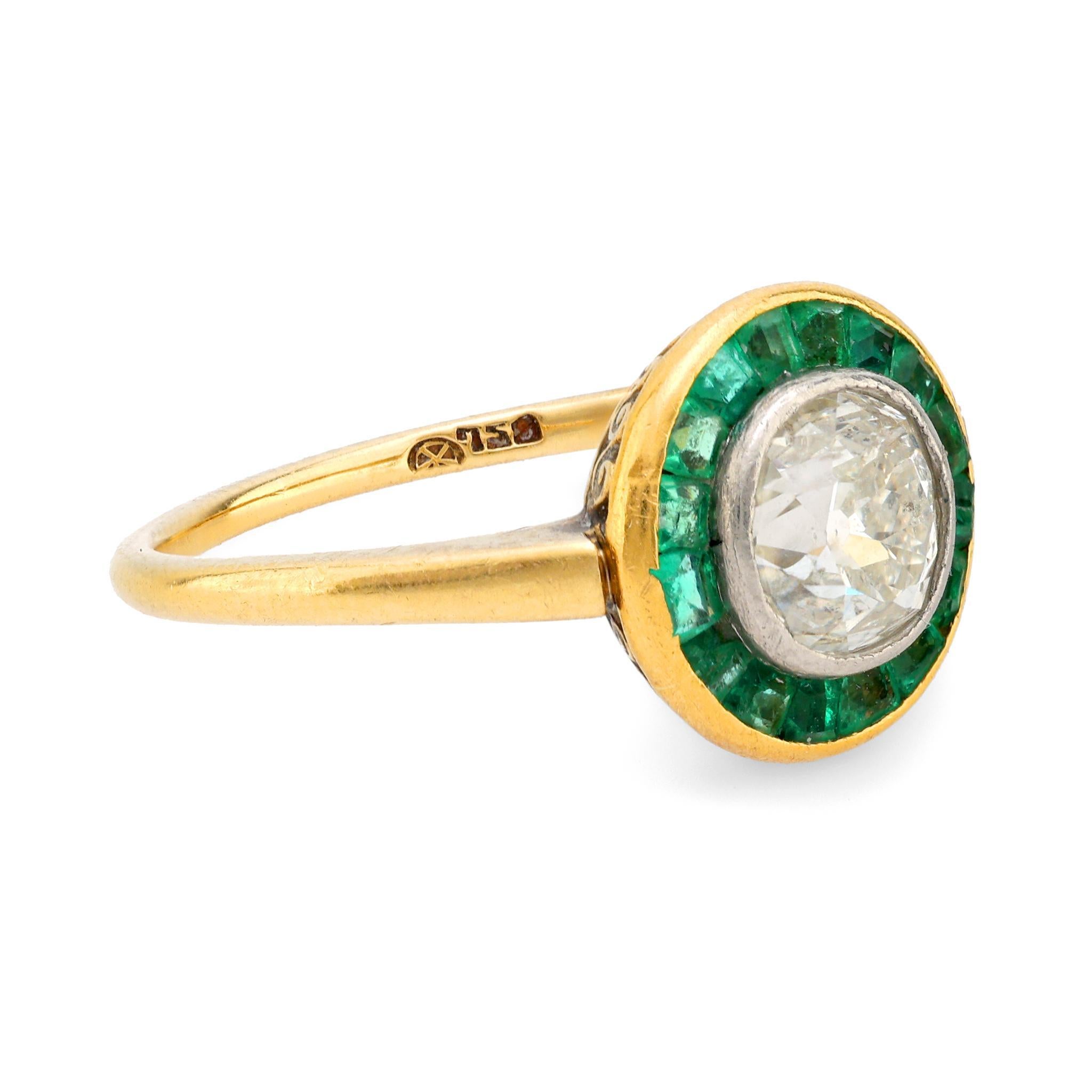Old European Cut Art Deco diamond emerald 18k yellow gold target ring