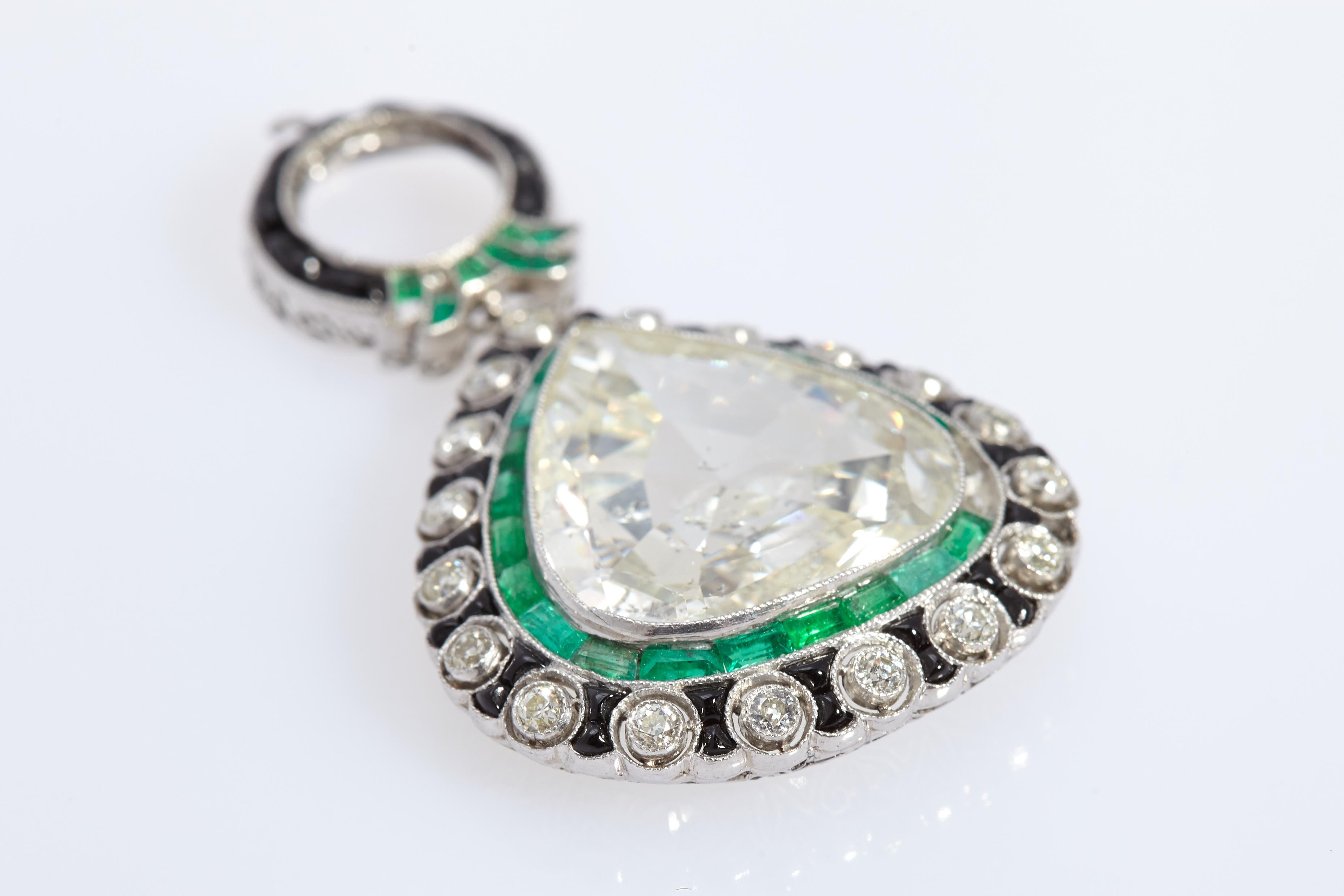 Pear Cut Art Deco Diamond Emerald and Black Enamel Pendant