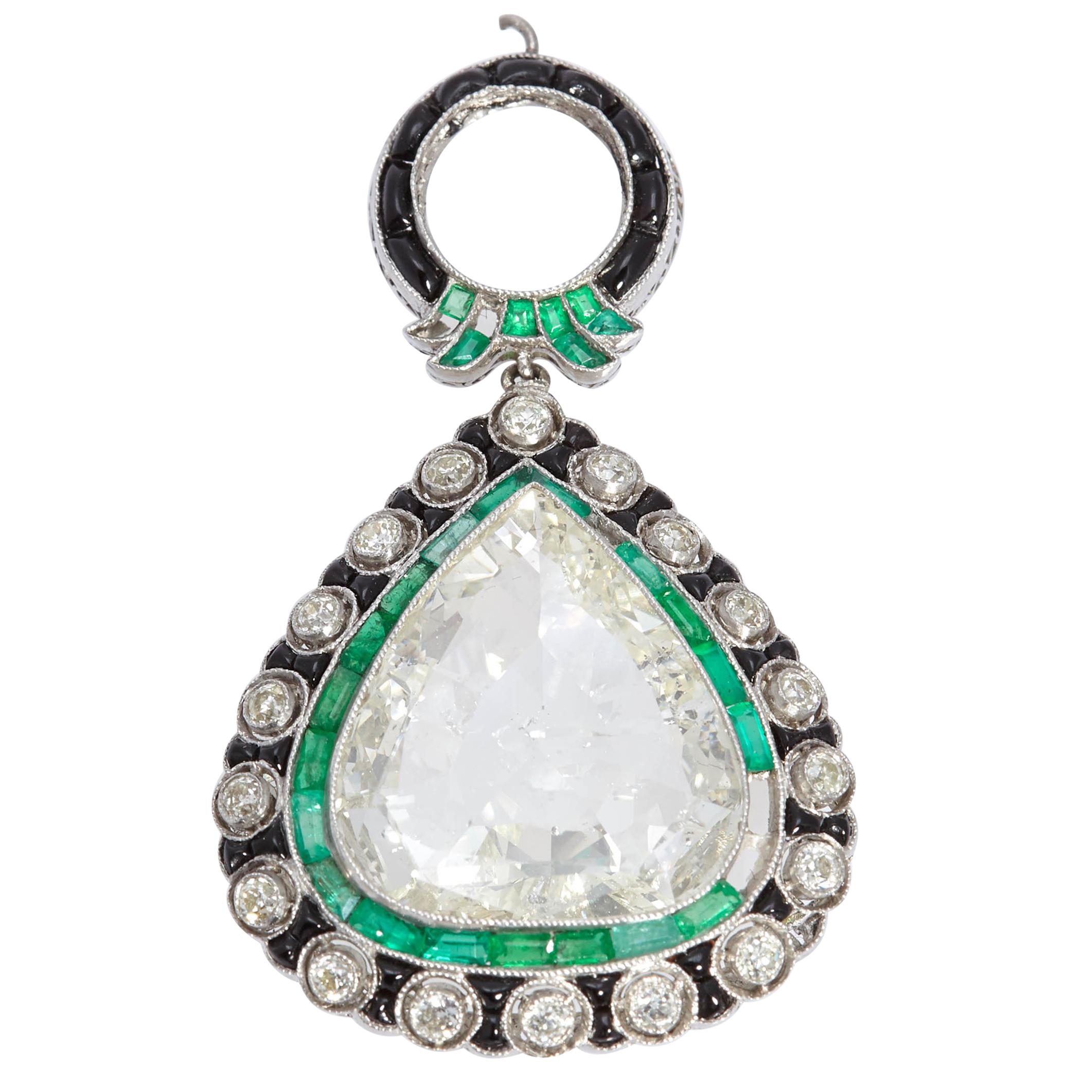 Art Deco Diamond Emerald and Black Enamel Pendant