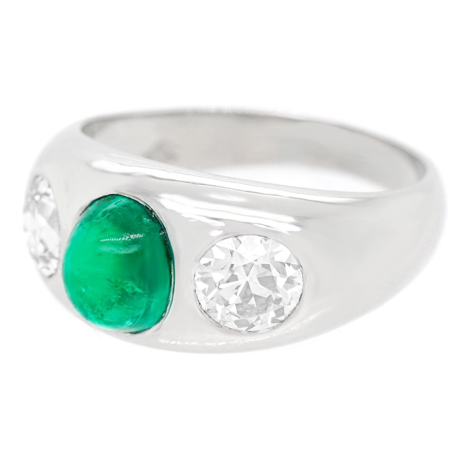 Cabochon Art Deco Diamond Emerald and Diamond-Set Platinum Gypsy Ring