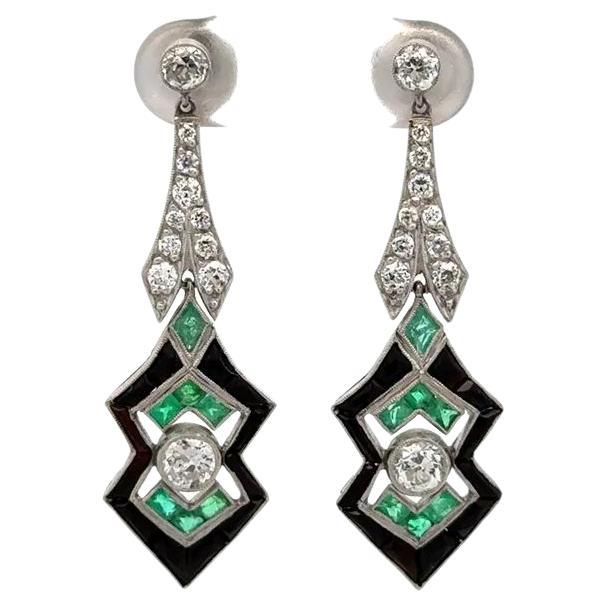 Art Deco Diamond, Emerald and Onyx Platinum Statement Drop Earrings