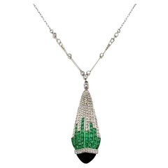 Art Deco Style Diamond Emerald and Onyx Platinum Statement Drop Pendant Necklace