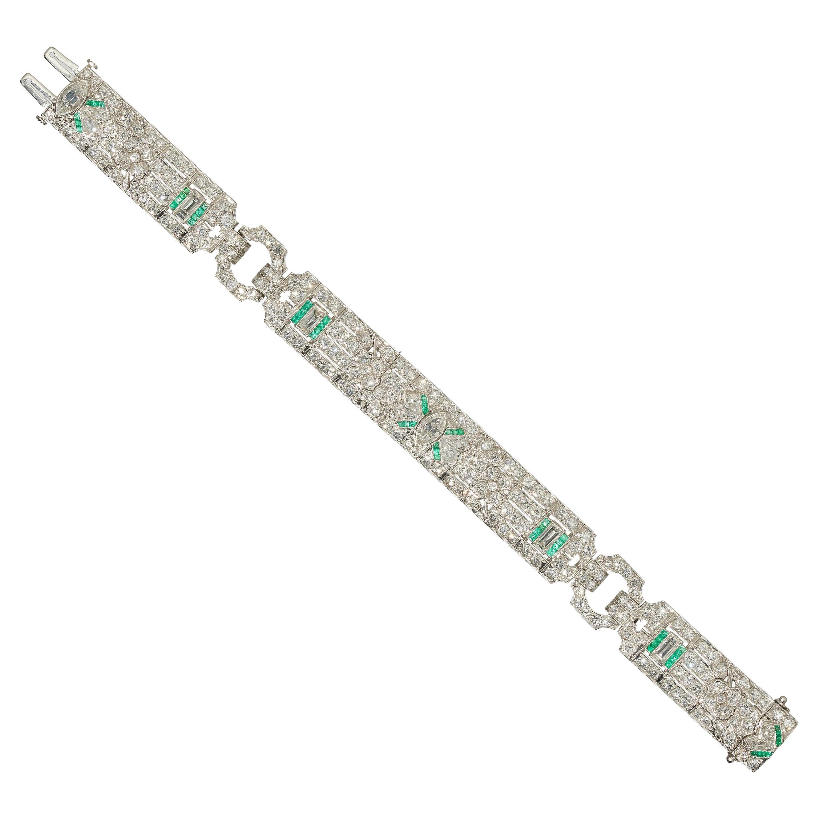 Art Deco Diamond, Emerald And Platinum Bracelet, Circa 1925 For Sale
