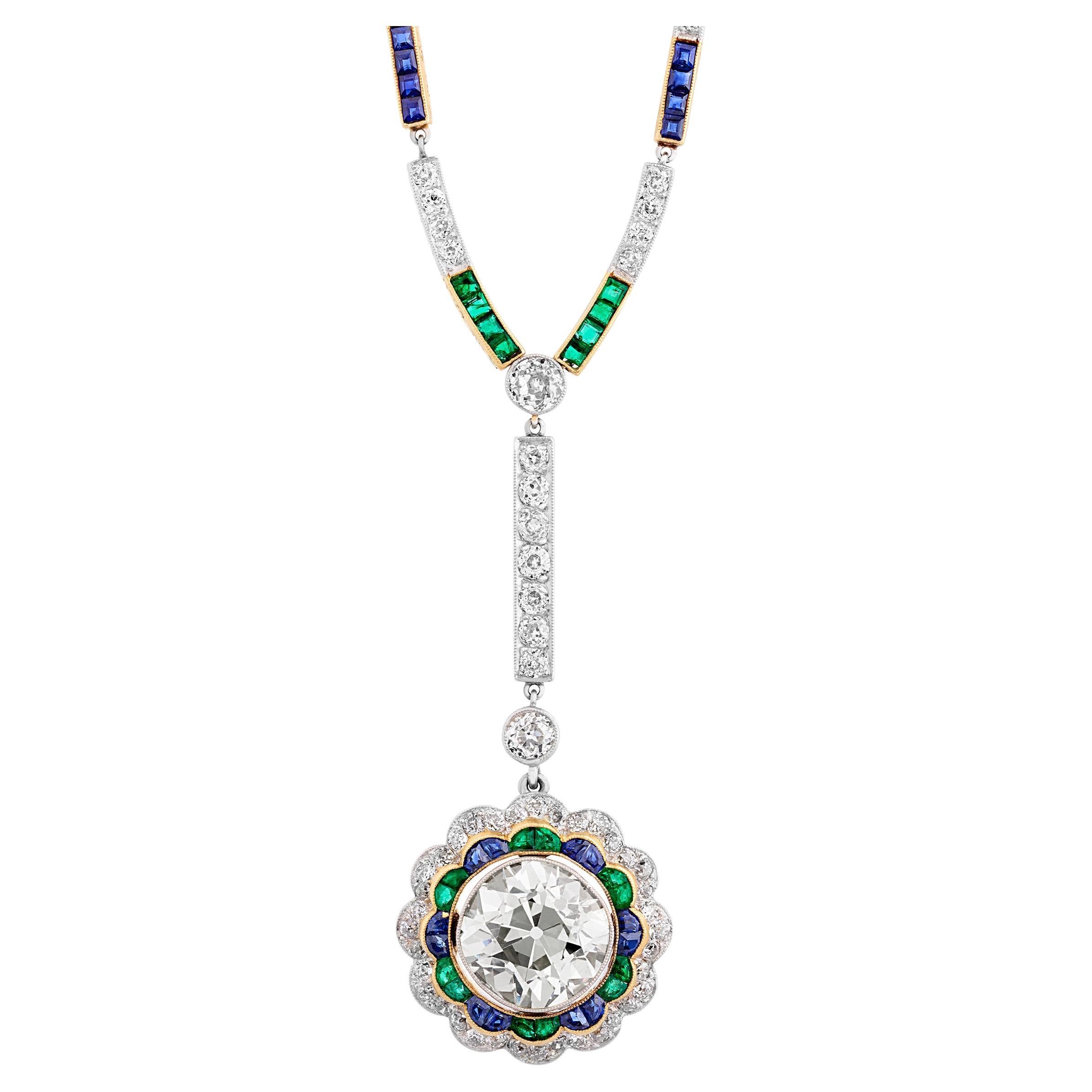 Art Deco Diamond, Emerald and Sapphire Necklace For Sale