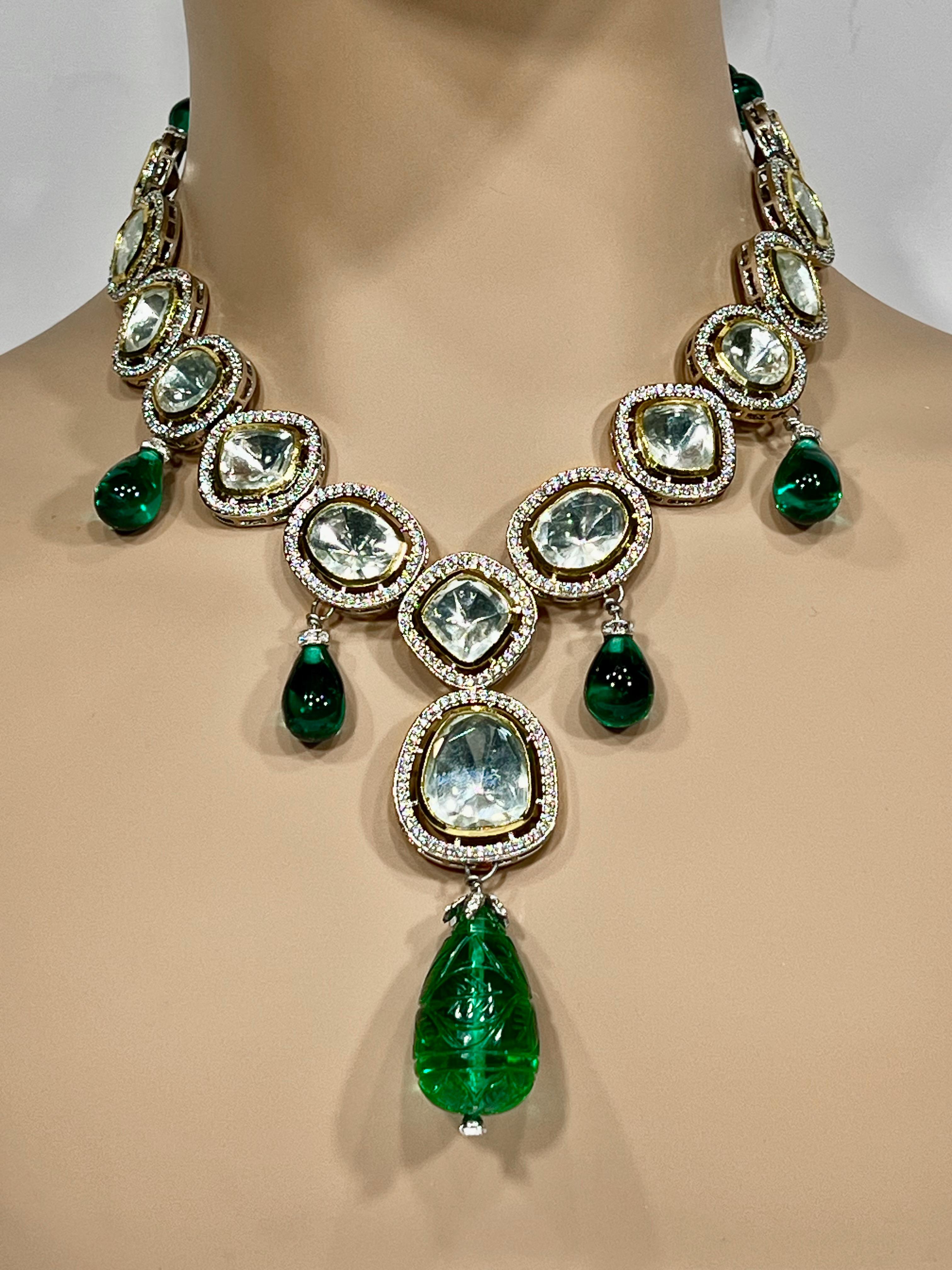 Art Deco Royal Style Large Rose Cut  Diamond Emerald Costume Jewelry  Necklace  by Clive Kandel
A very real-looking 'Cartier'- style Art Deco pendant necklace made with hand cut CZ and faux emeralds set in sterling. All hand-set precisely like the