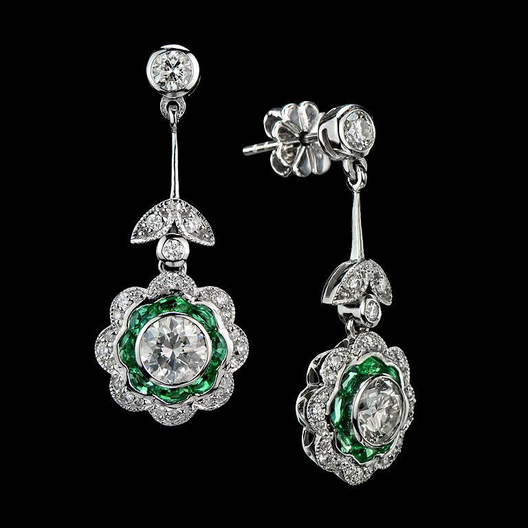 Art Deco Diamond Emerald Dangle Earrings
