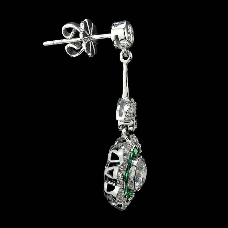 Round Cut Diamond Emerald Dangle Earrings