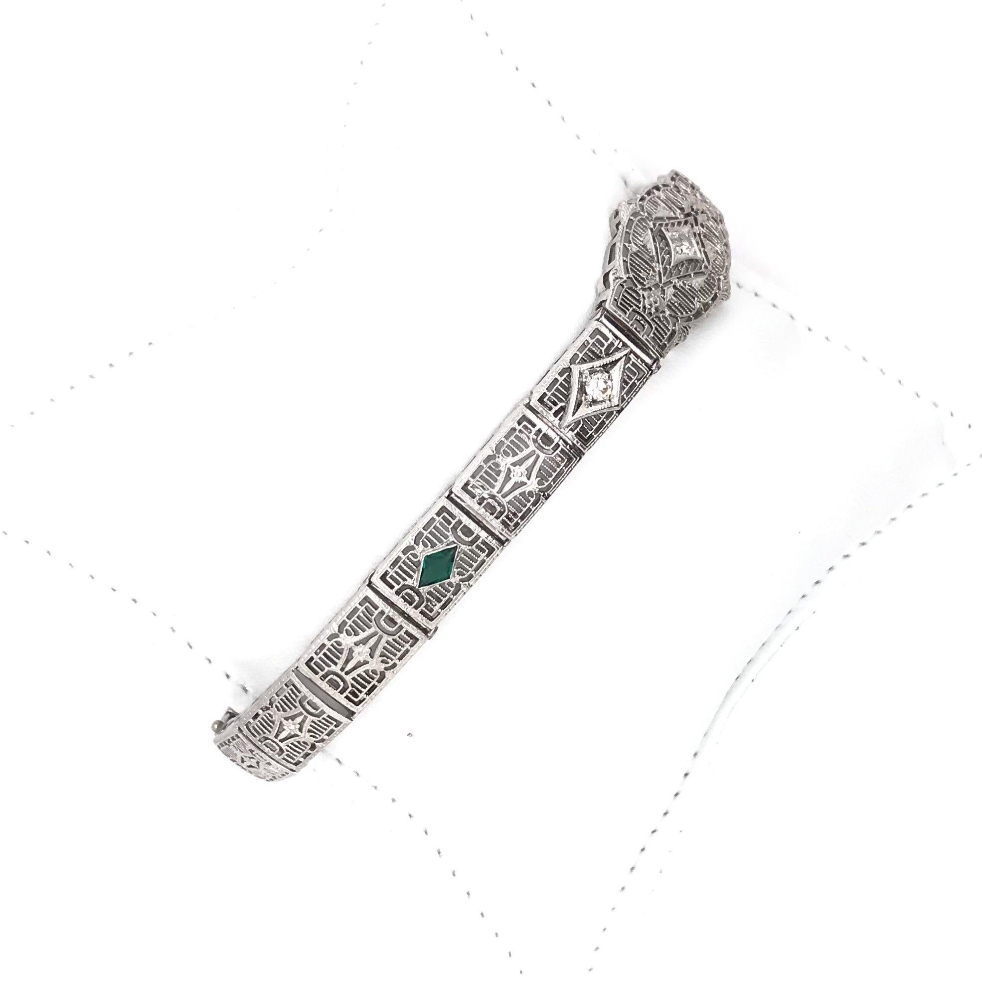 Art Deco Diamond & Emerald Filigree Bracelet In Good Condition In Montgomery, AL