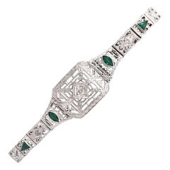 Art Deco Diamond & Emerald Filigree Bracelet