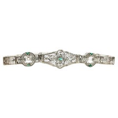 Art Deco Diamond & Emerald Filigree Bracelet in 14K White Gold