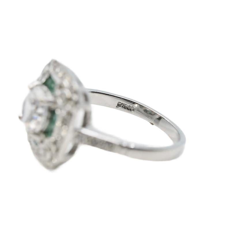Women's Art Deco Diamond & Emerald Floral Motif Engagement Ring in Platinum For Sale