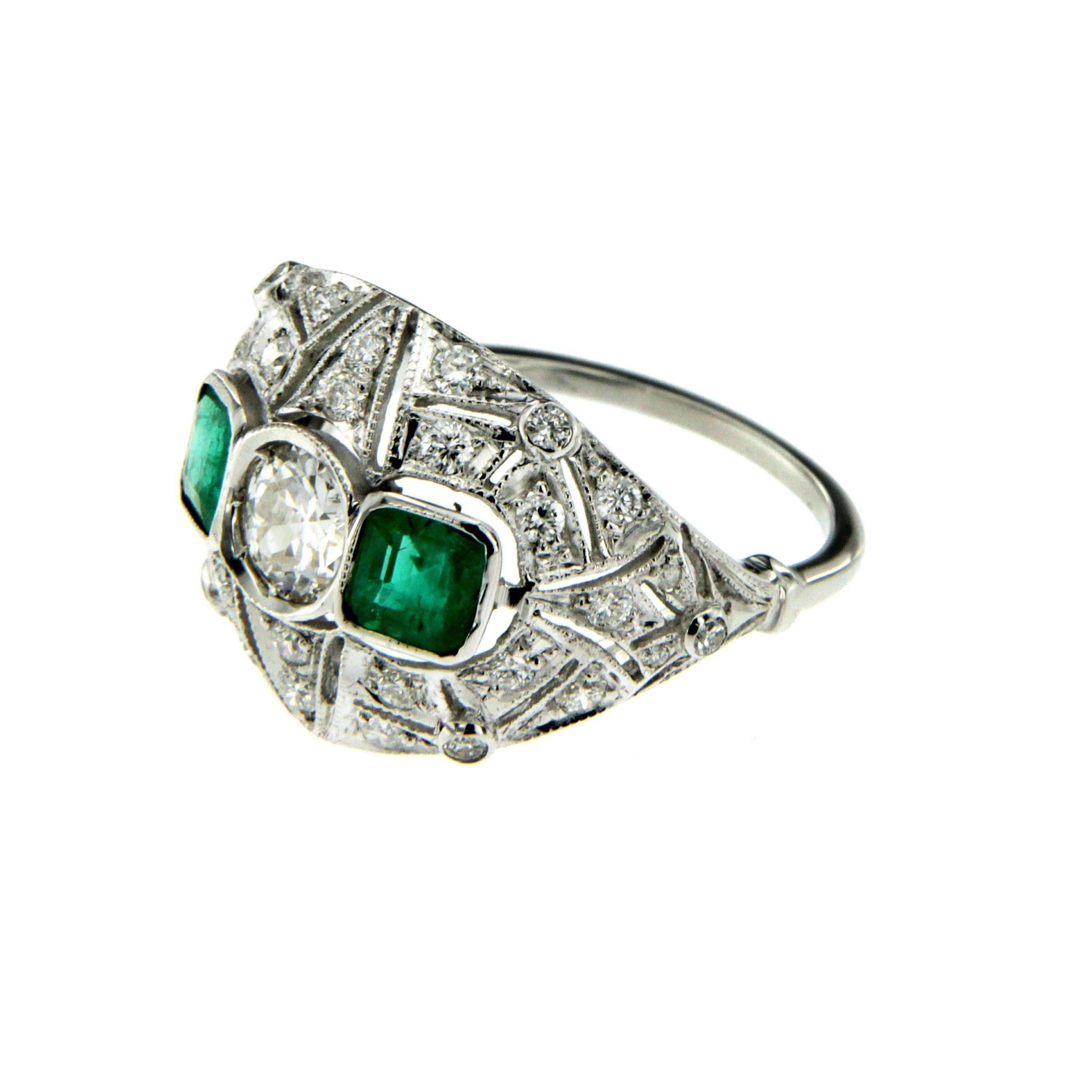 Old Mine Cut Art Deco Diamond Emerald Gold Ring