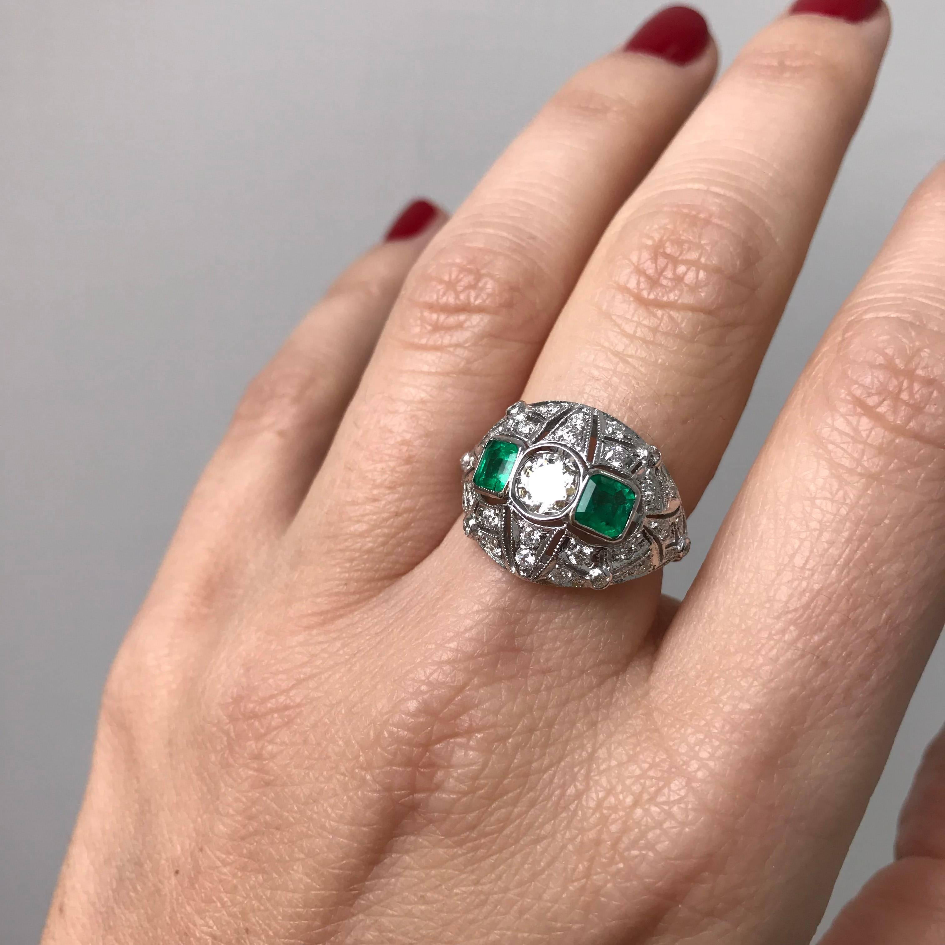 Art Deco Diamond Emerald Gold Ring 1