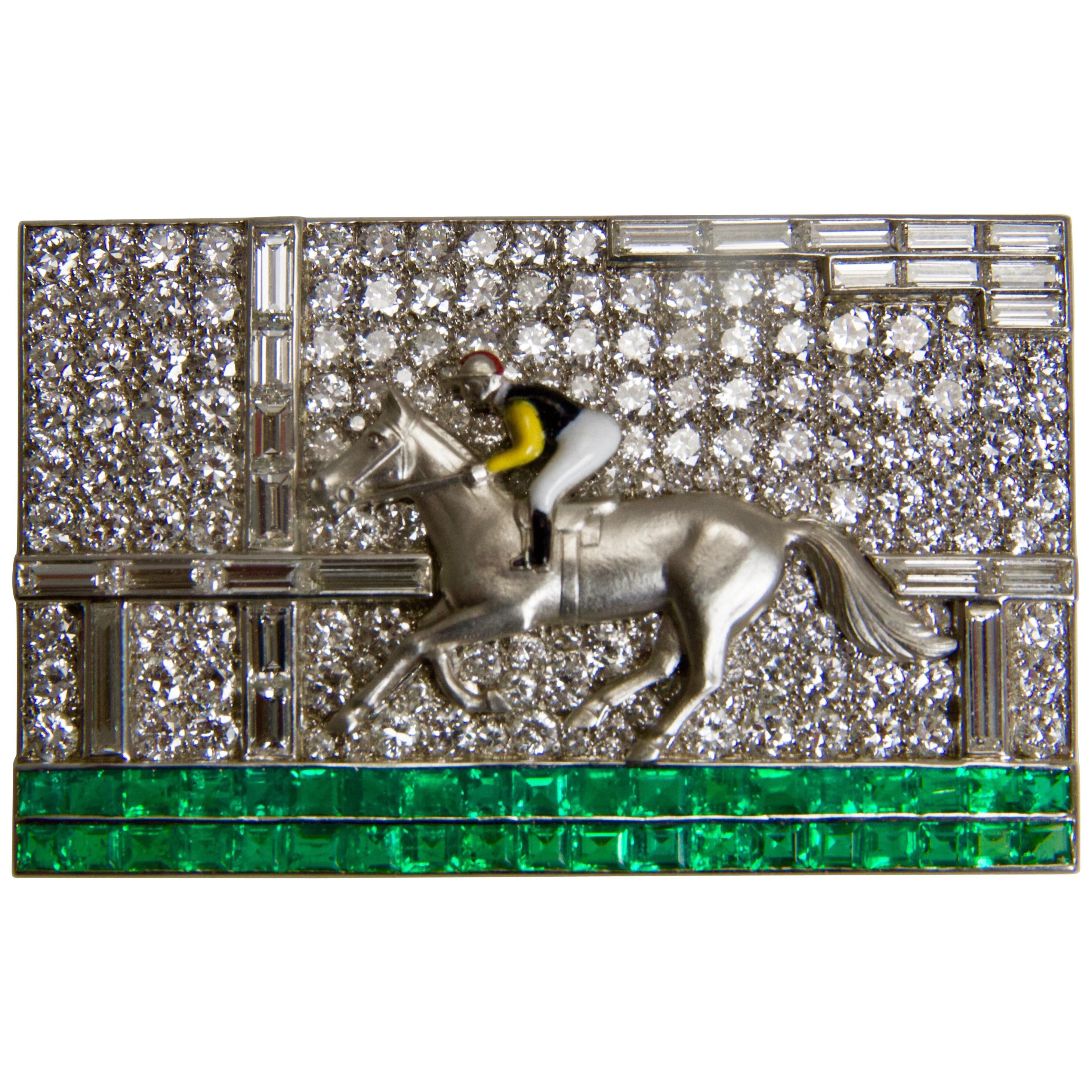 Art Deco Diamond Emerald Horse Brooch by Mayer Eliakim from Le Caire For Sale