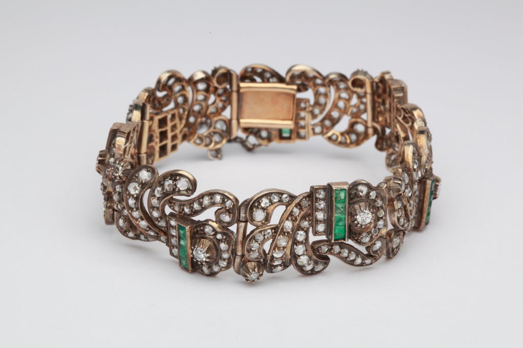 Art Deco Diamant-Smaragd-Gliederarmband (Rosenschliff) im Angebot
