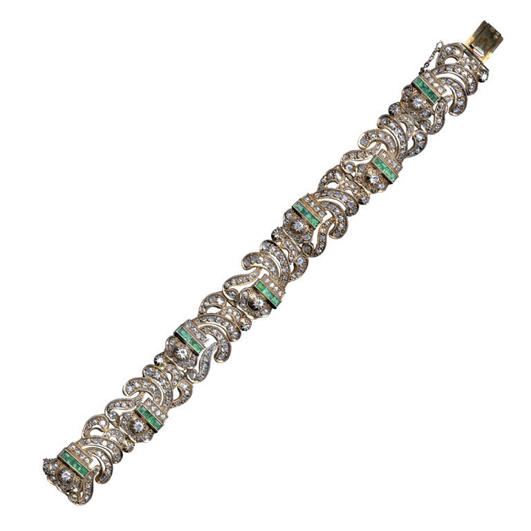 Art Deco Diamant-Smaragd-Gliederarmband im Angebot
