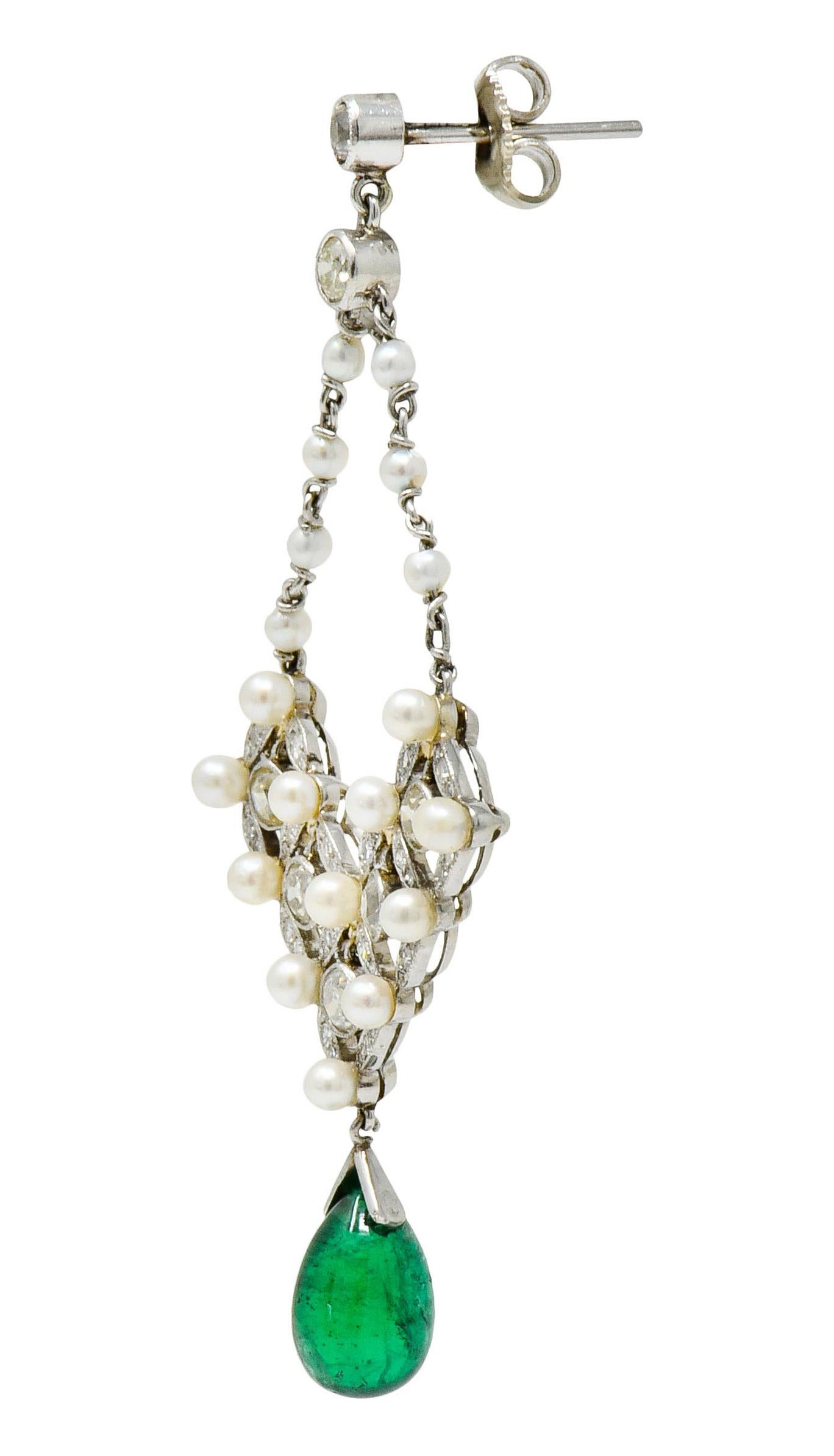 Old European Cut Art Deco Diamond Emerald Natural Seed Pearl Platinum Chandelier Earrings