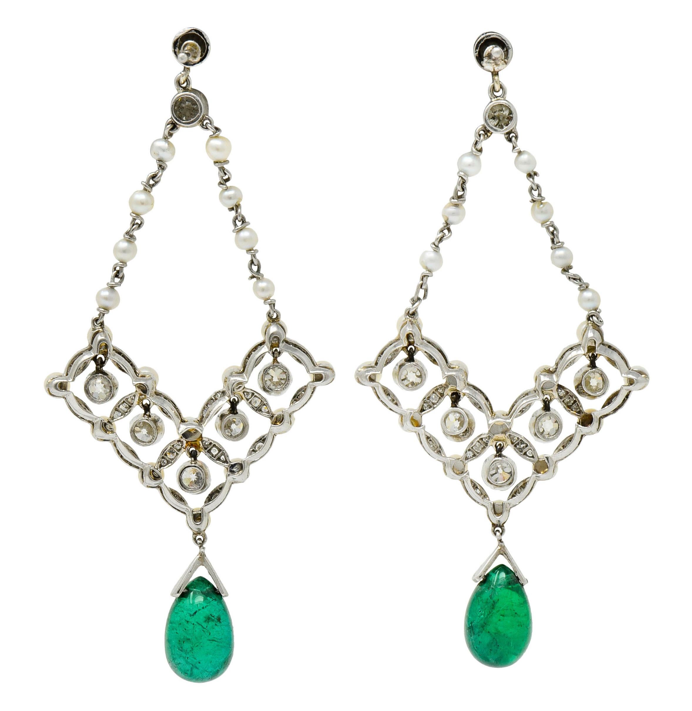 Women's or Men's Art Deco Diamond Emerald Natural Seed Pearl Platinum Chandelier Earrings