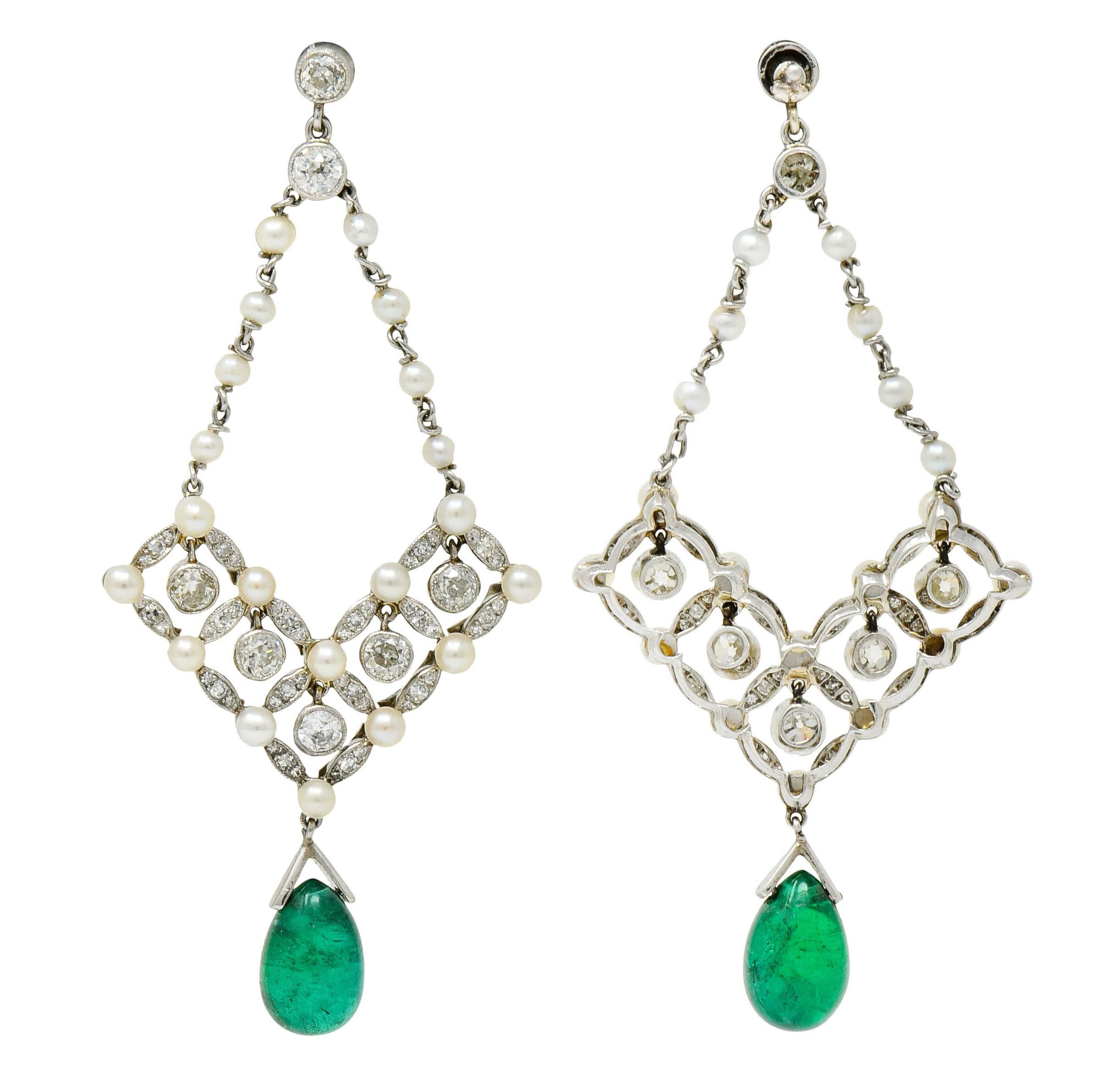 Art Deco Diamond Emerald Natural Seed Pearl Platinum Chandelier Earrings 1